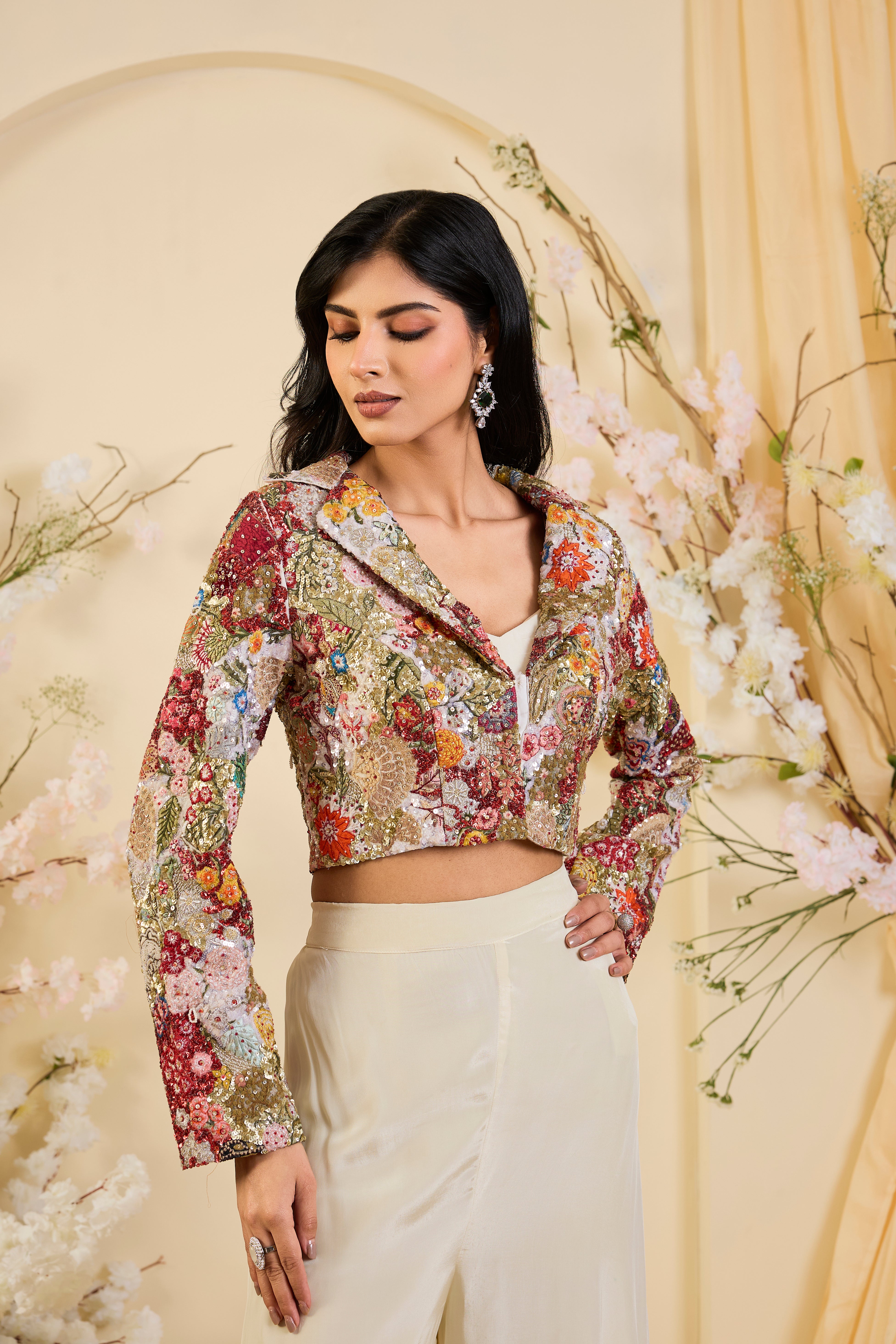Ivory Palazzo Set with Intricately Embroidered Cropped Jacket in Multicolour Floral Zari & Sequin Work
