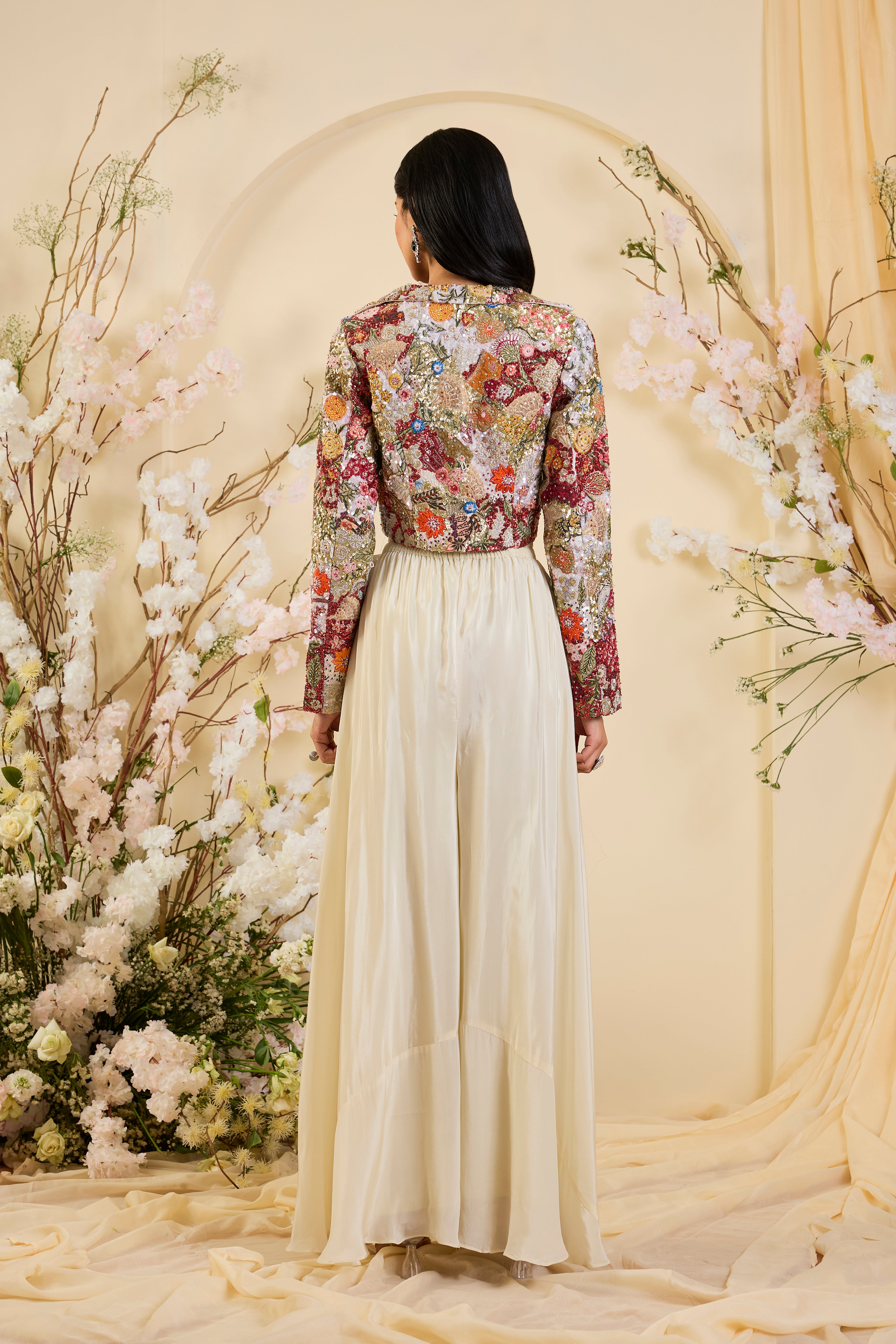 Ivory Palazzo Set with Intricately Embroidered Cropped Jacket in Multicolour Floral Zari & Sequin Work