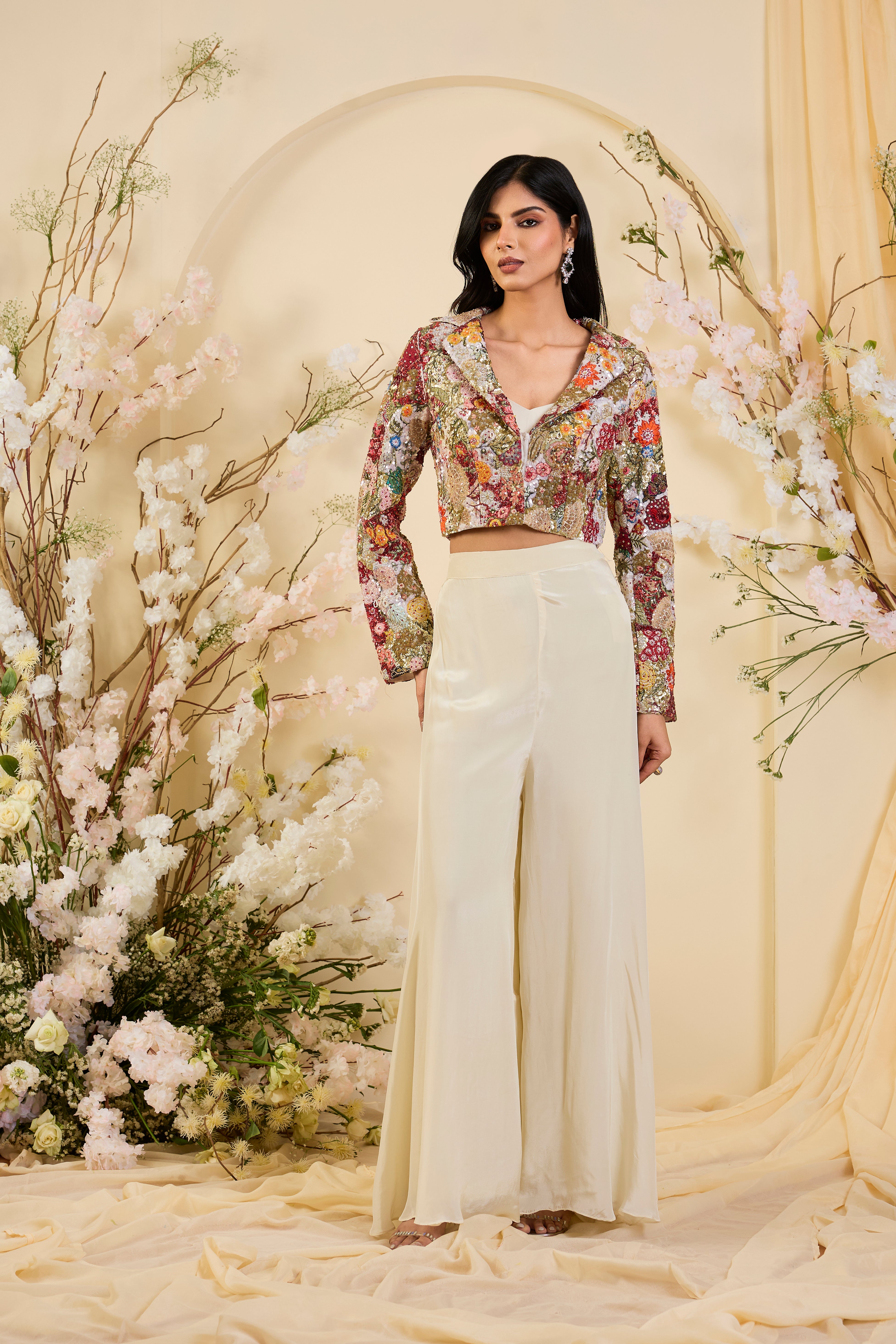 Ivory Palazzo Set with Intricately Embroidered Cropped Jacket in Multicolour Floral Zari & Sequin Work