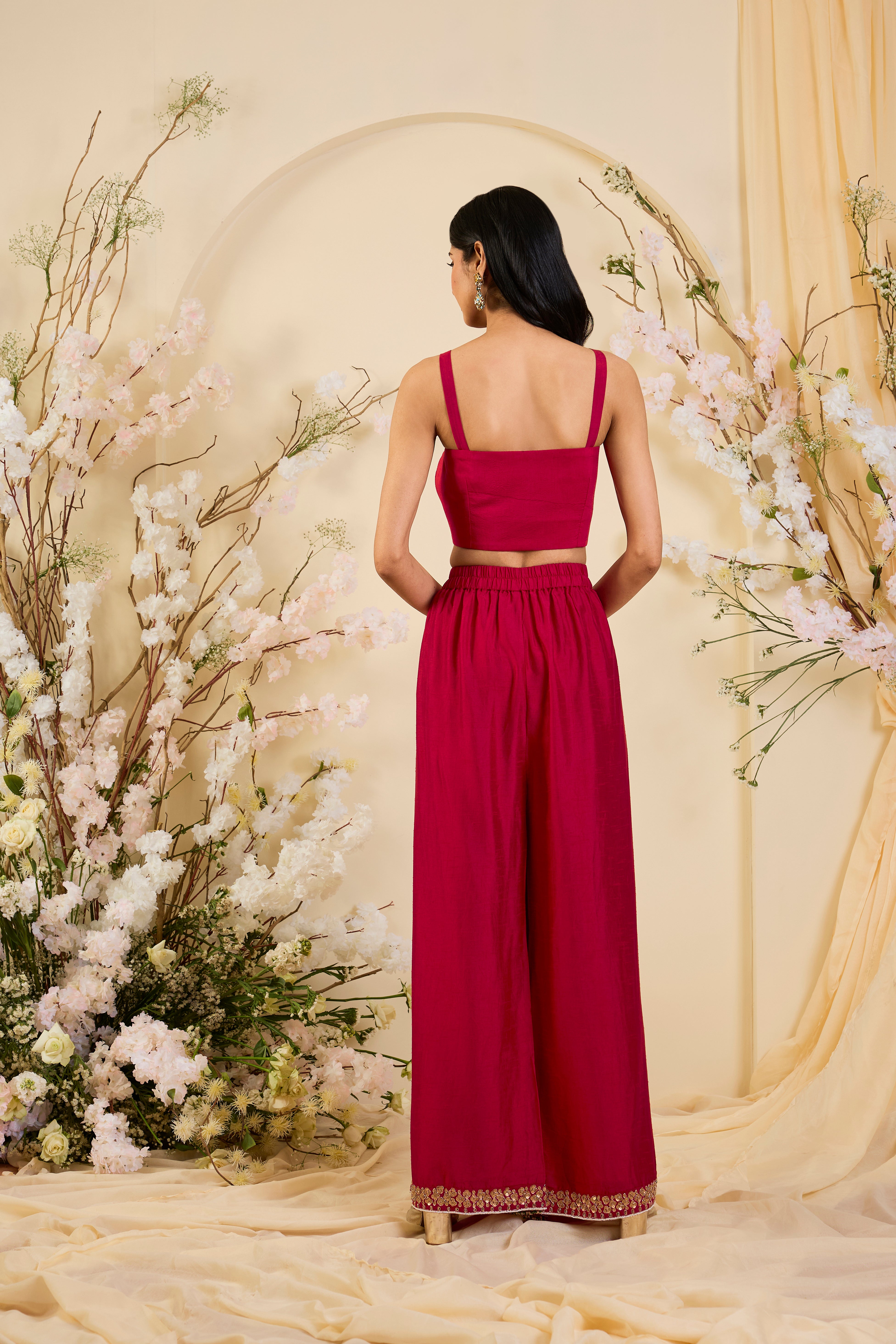 Crimson Embroidered Jacket Set with Ornate Zari Detailing & Fluid Palazzo Silhouette