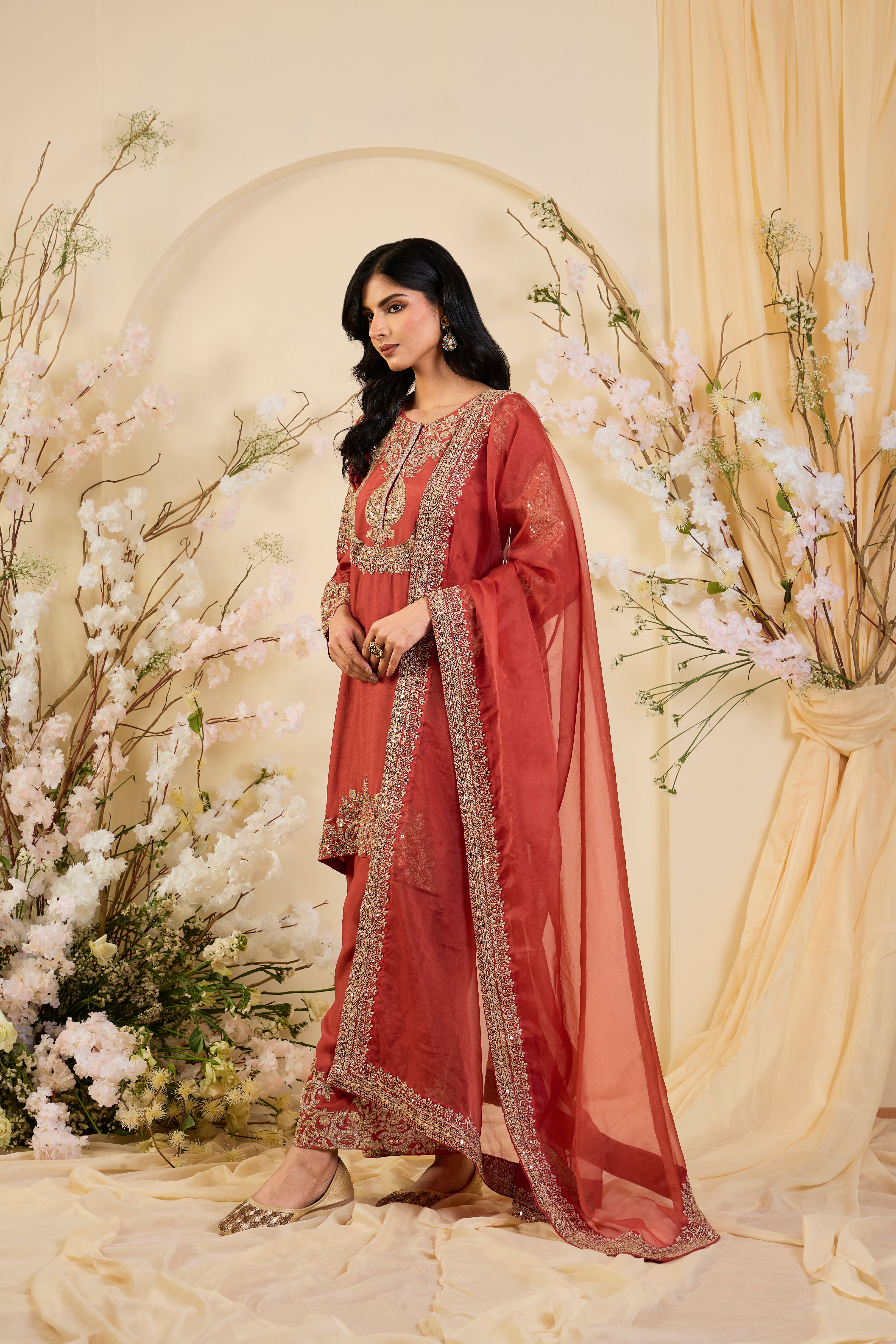Rust Silk Kurta Set with Intricately Embroidered Zari Yoke & Ornate Organza Dupatta