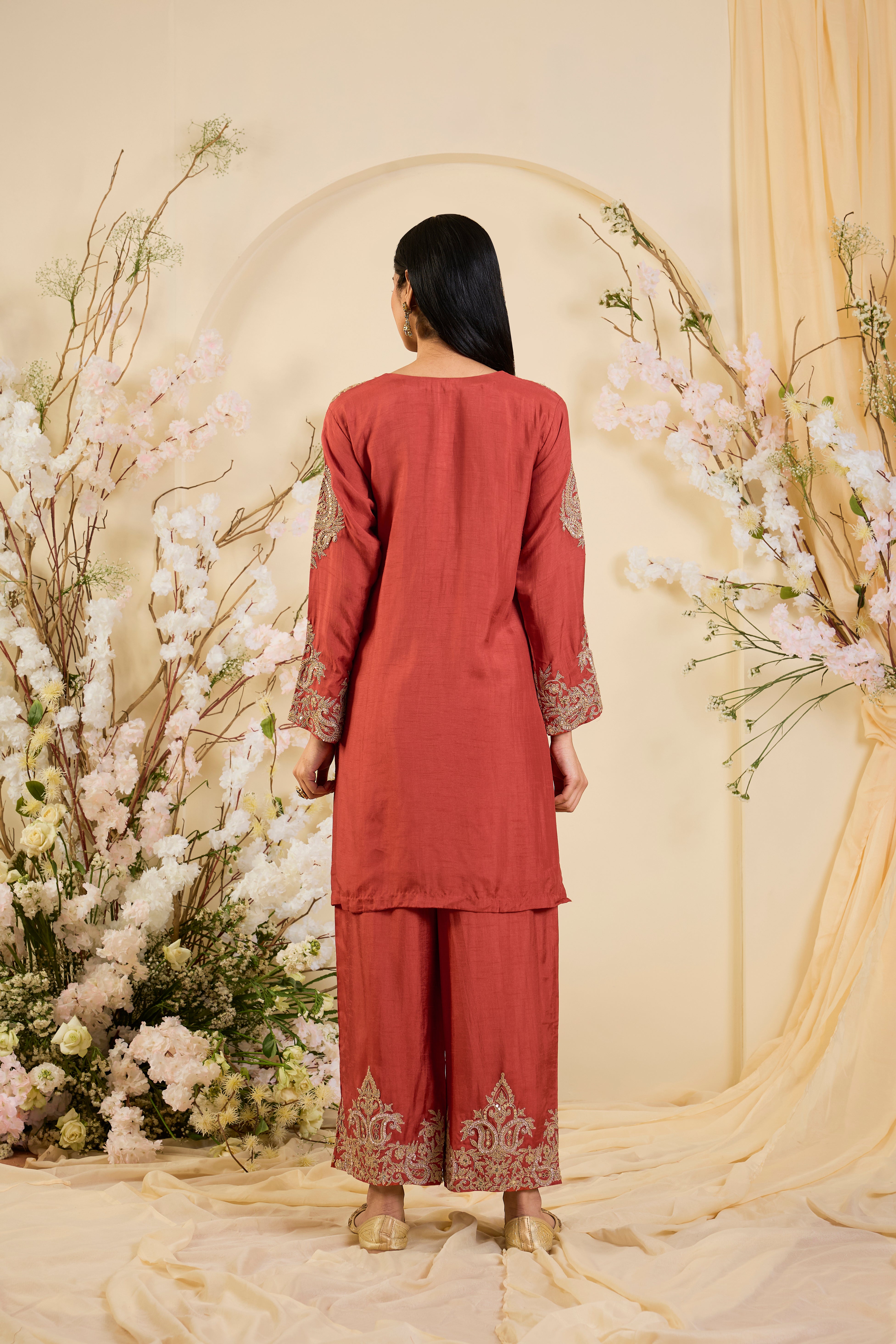 Rust Silk Kurta Set with Intricately Embroidered Zari Yoke & Ornate Organza Dupatta