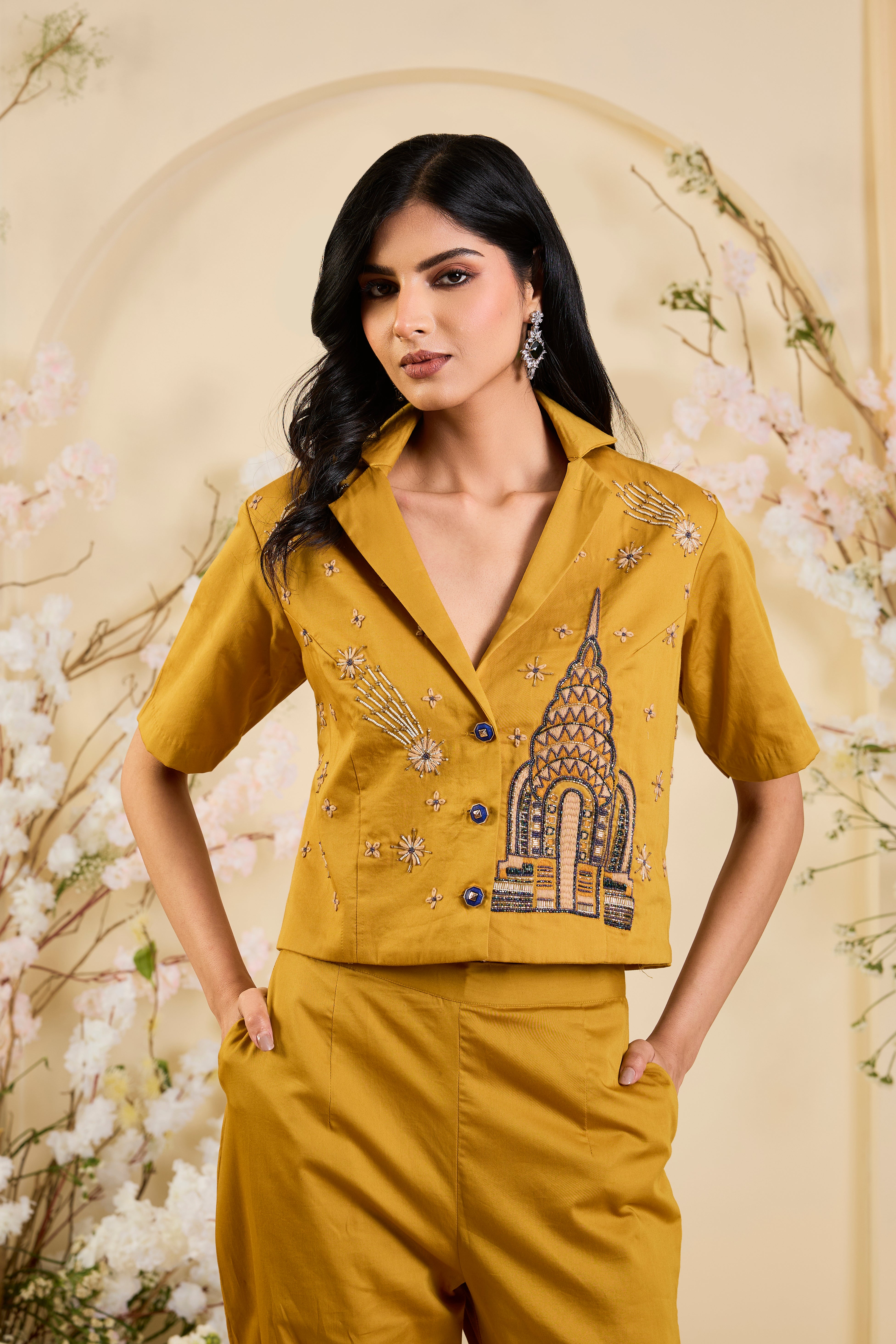 Sunlit Mustard Co-ord Set with Regal Dome Embroidery & Starburst Accents