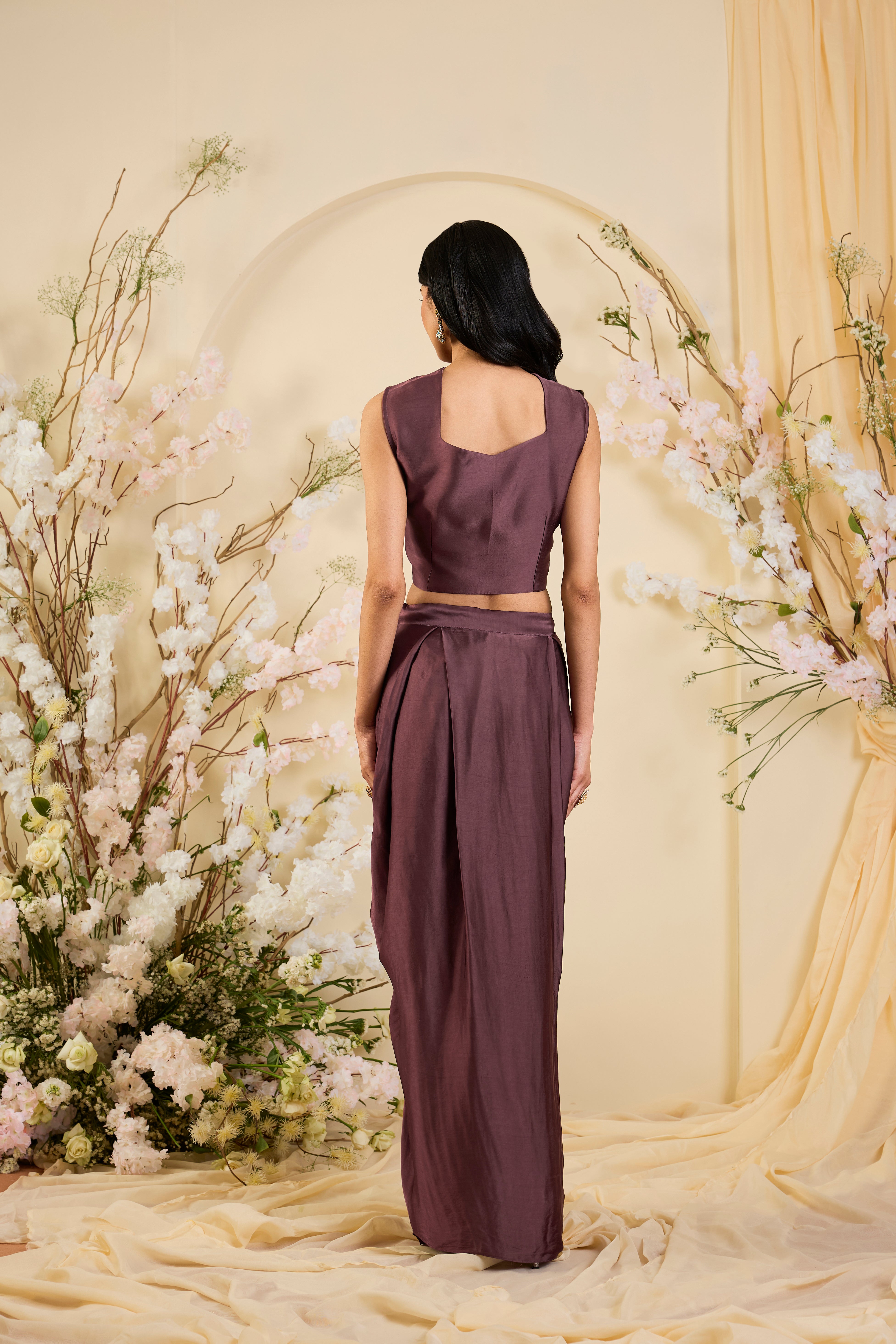 Draped Plum Ensemble with Antique Gold & Teal Embroidered Overlay