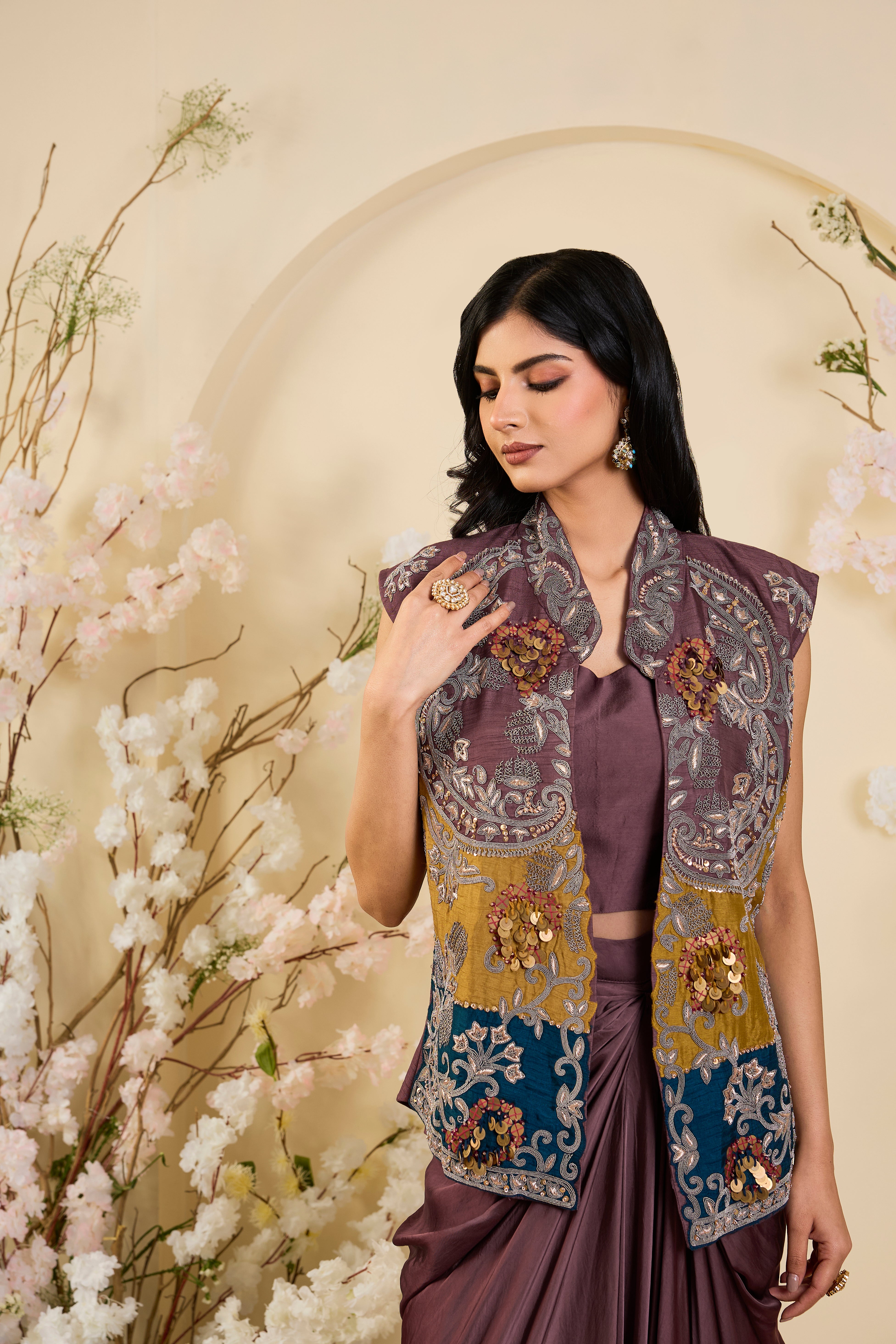 Draped Plum Ensemble with Antique Gold & Teal Embroidered Overlay