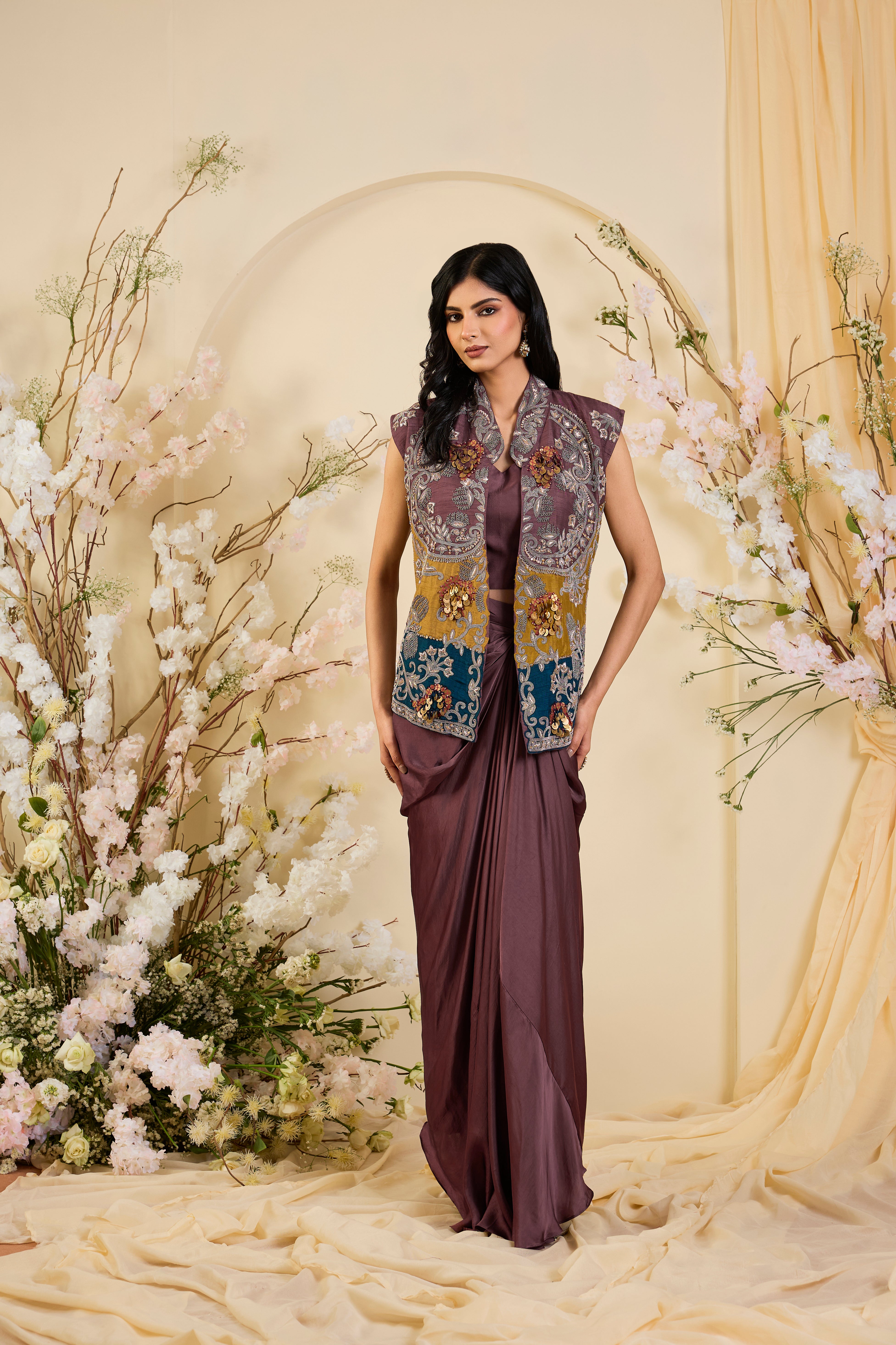 Draped Plum Ensemble with Antique Gold & Teal Embroidered Overlay