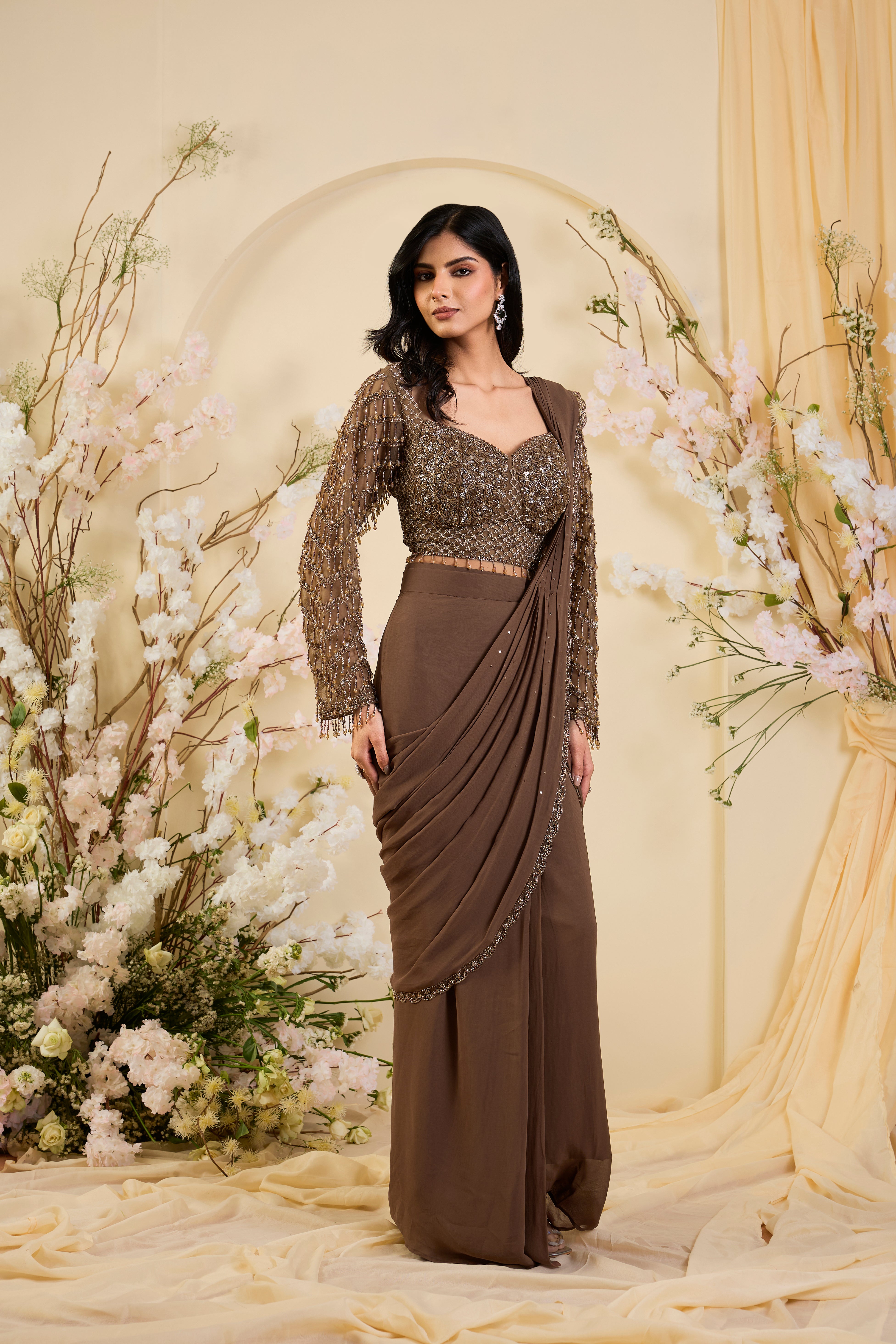 Mocha Drape: A Vision of Liquid Glamour & Sculpted Elegance