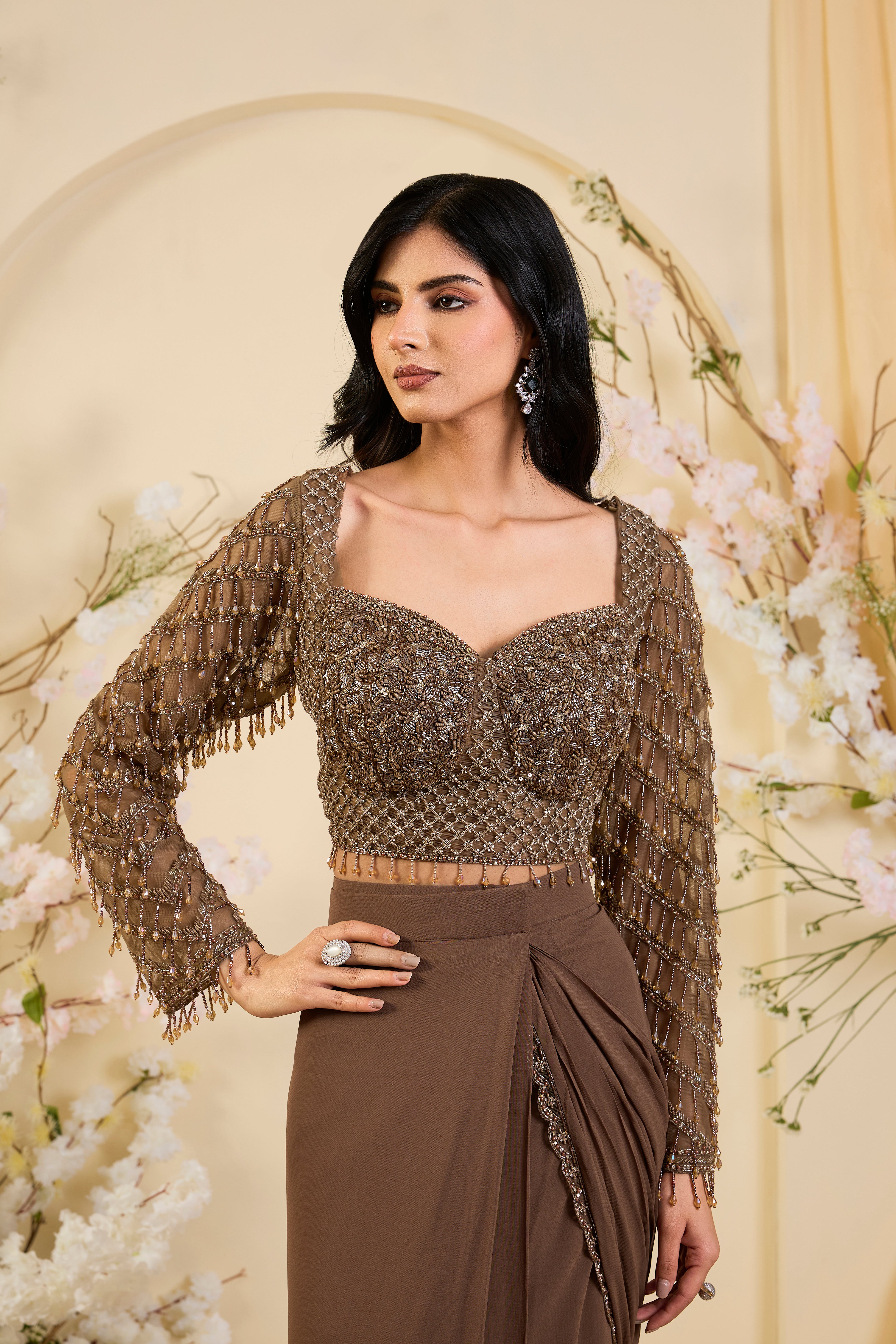 Mocha Drape: A Vision of Liquid Glamour & Sculpted Elegance