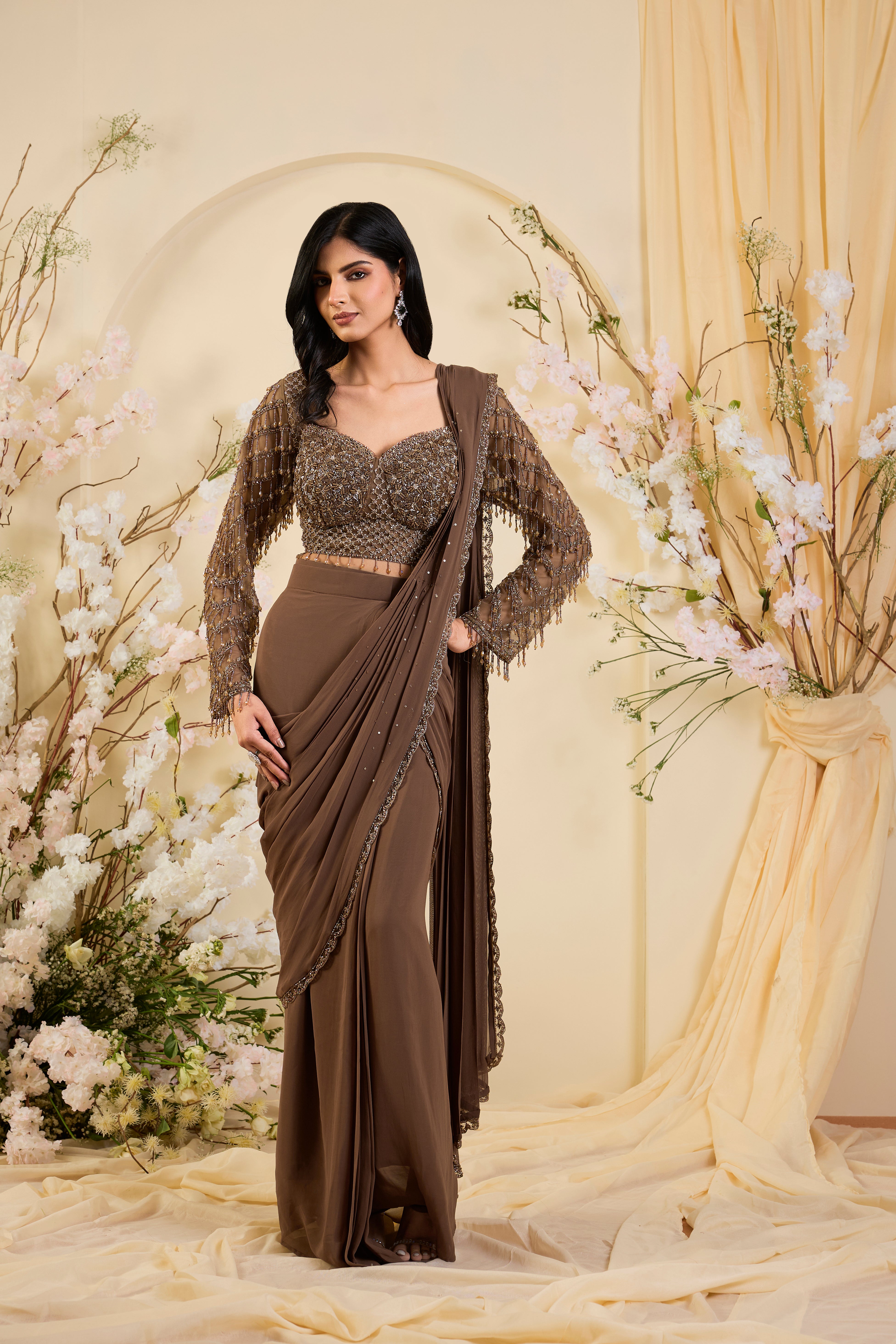 Mocha Drape: A Vision of Liquid Glamour & Sculpted Elegance