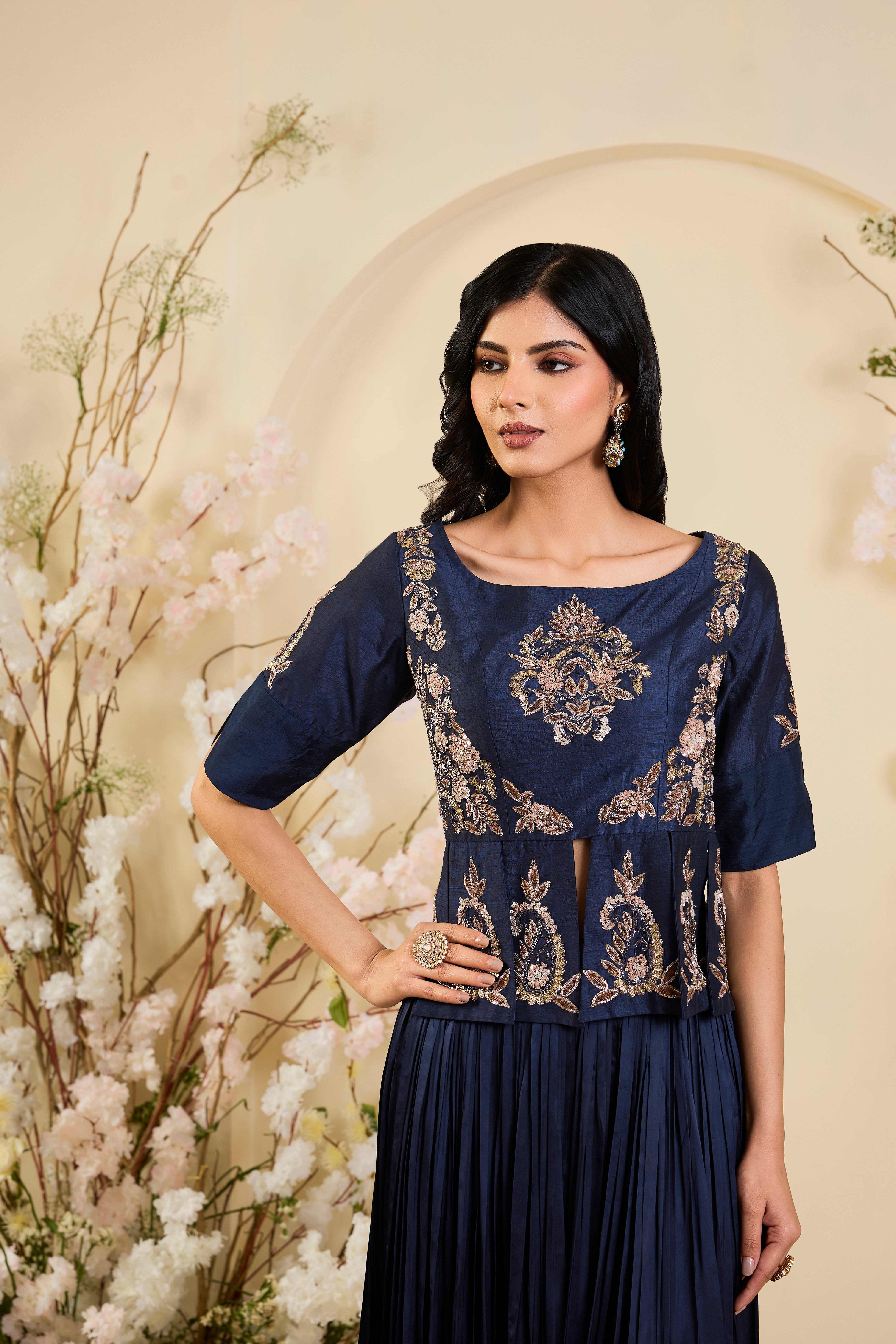 Midnight Opulence: A Symphony in Navy-Gold and Multicolour Embroidery