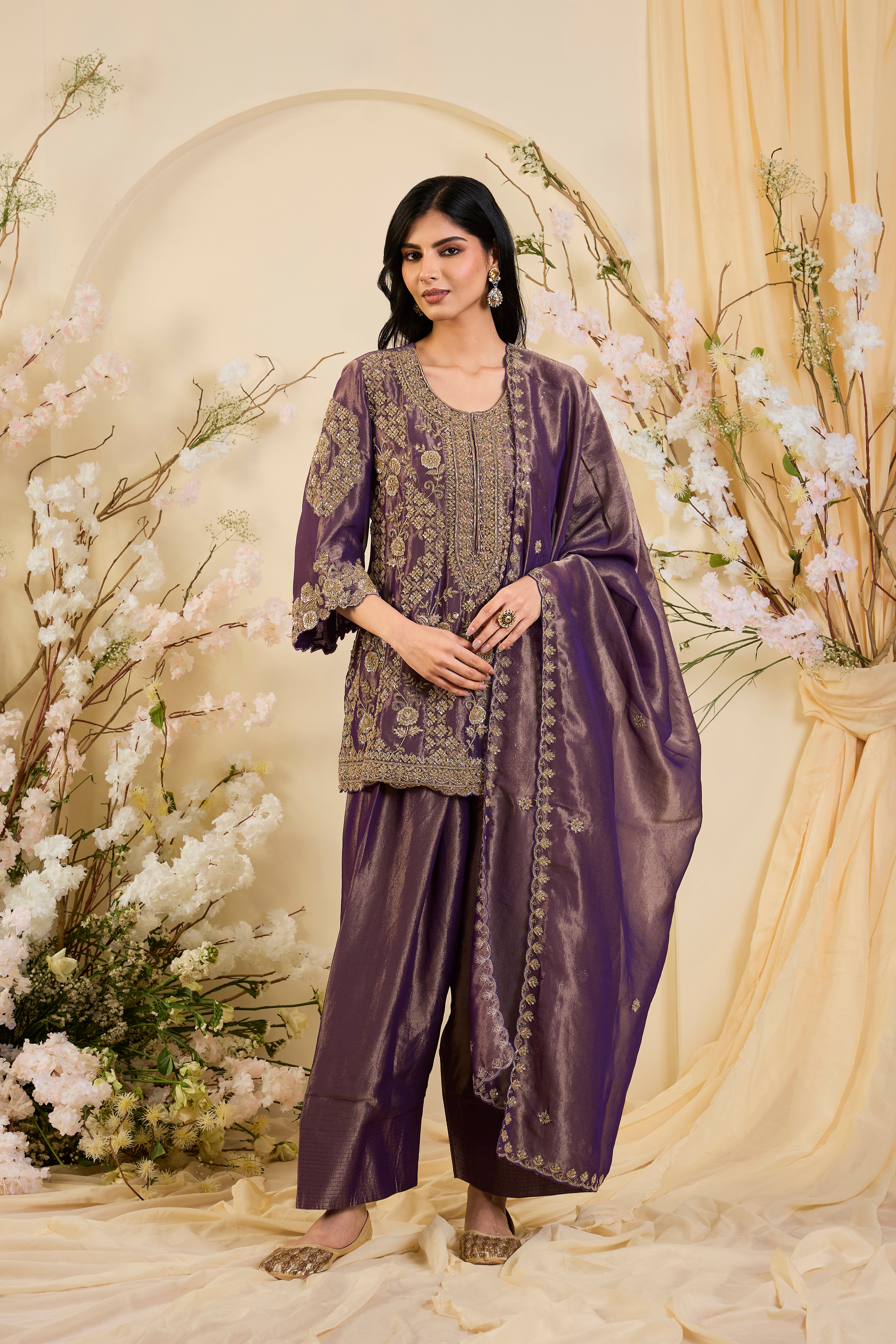 Amethyst Royale: Opulent Ensemble with Heritage Gold Embroidery