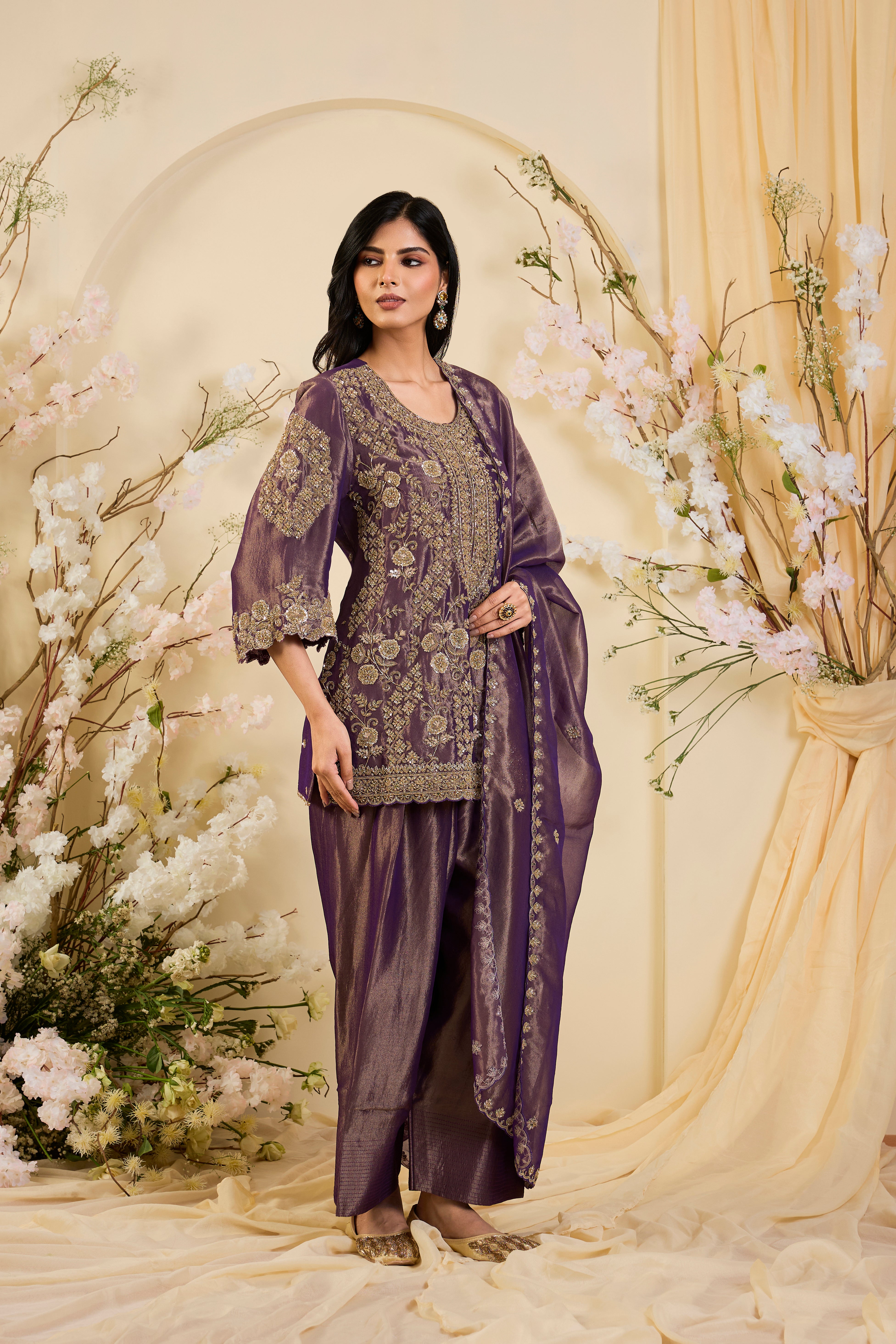 Amethyst Royale: Opulent Ensemble with Heritage Gold Embroidery