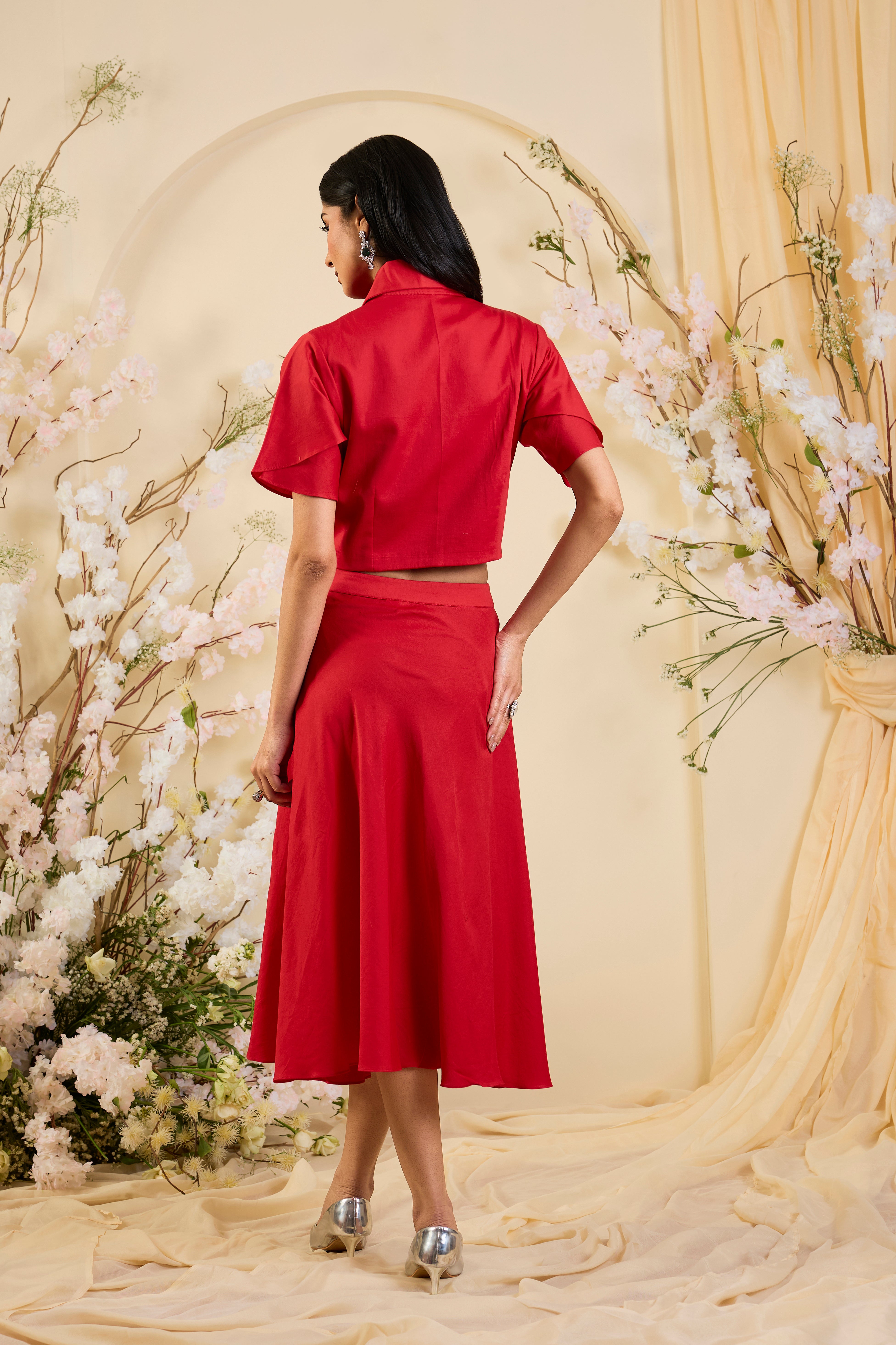 Scarlet Reverie: Contemporary Drape Skirt Set with Artisanal Statement Blouse