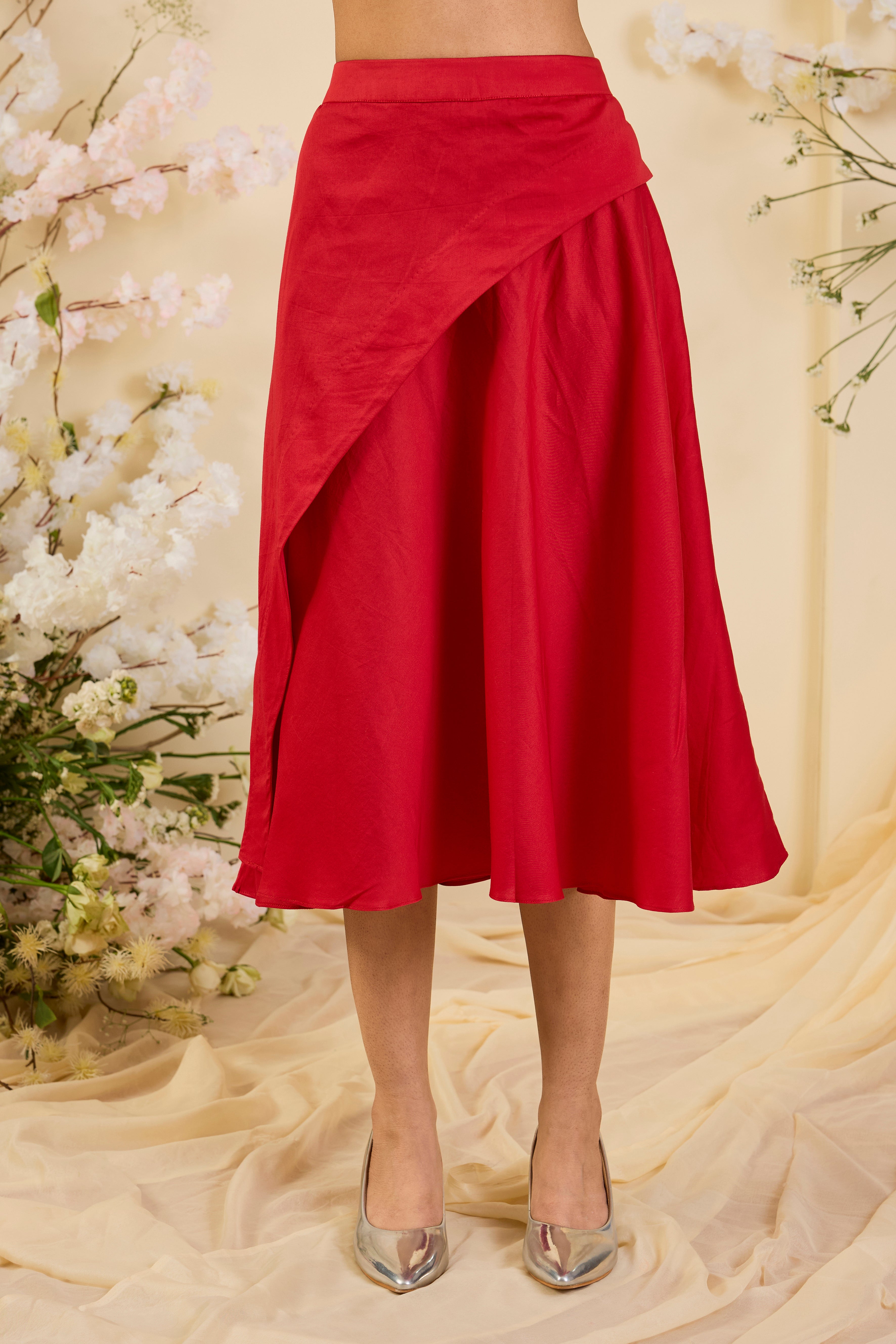 Scarlet Reverie: Contemporary Drape Skirt Set with Artisanal Statement Blouse