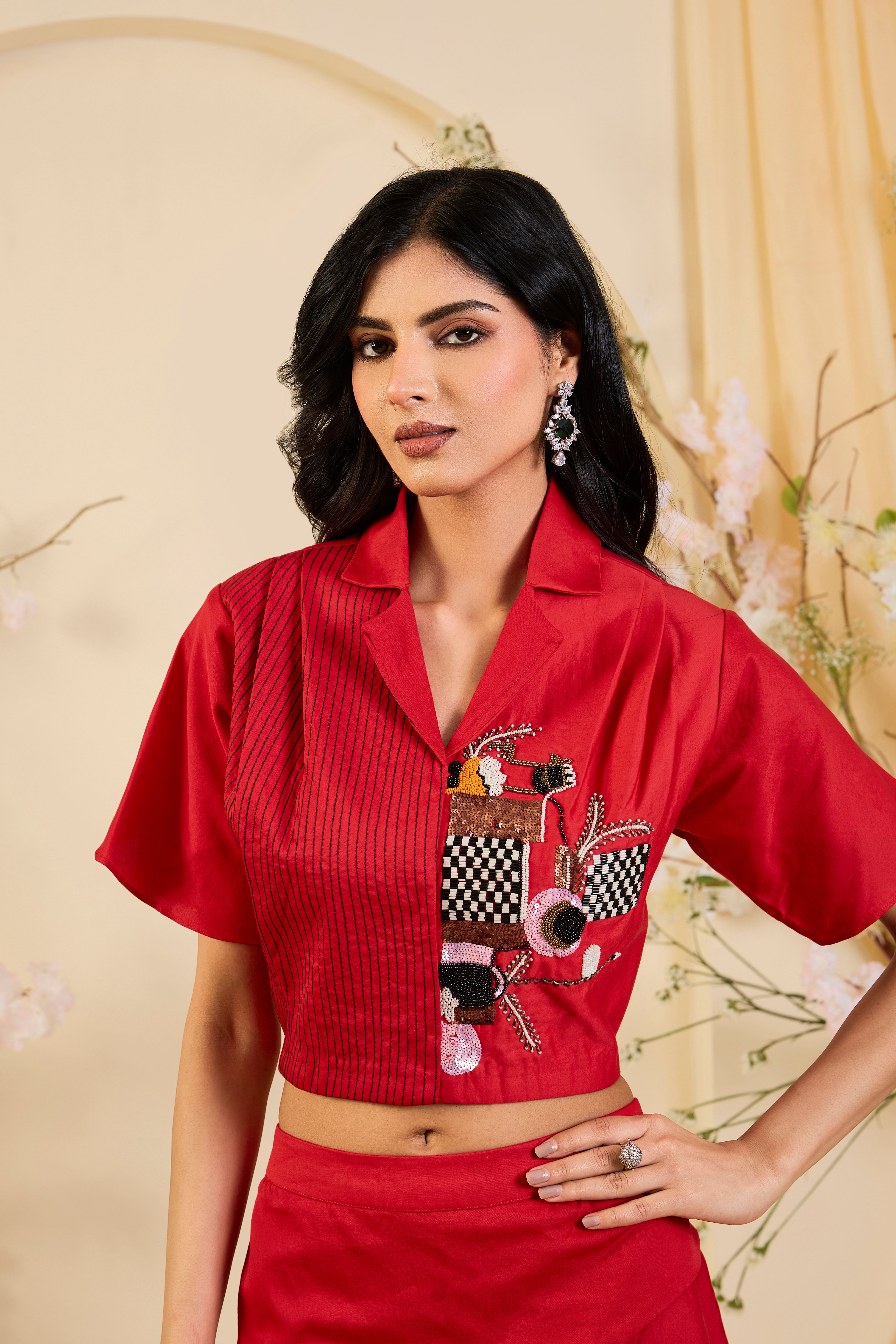 Scarlet Reverie: Contemporary Drape Skirt Set with Artisanal Statement Blouse
