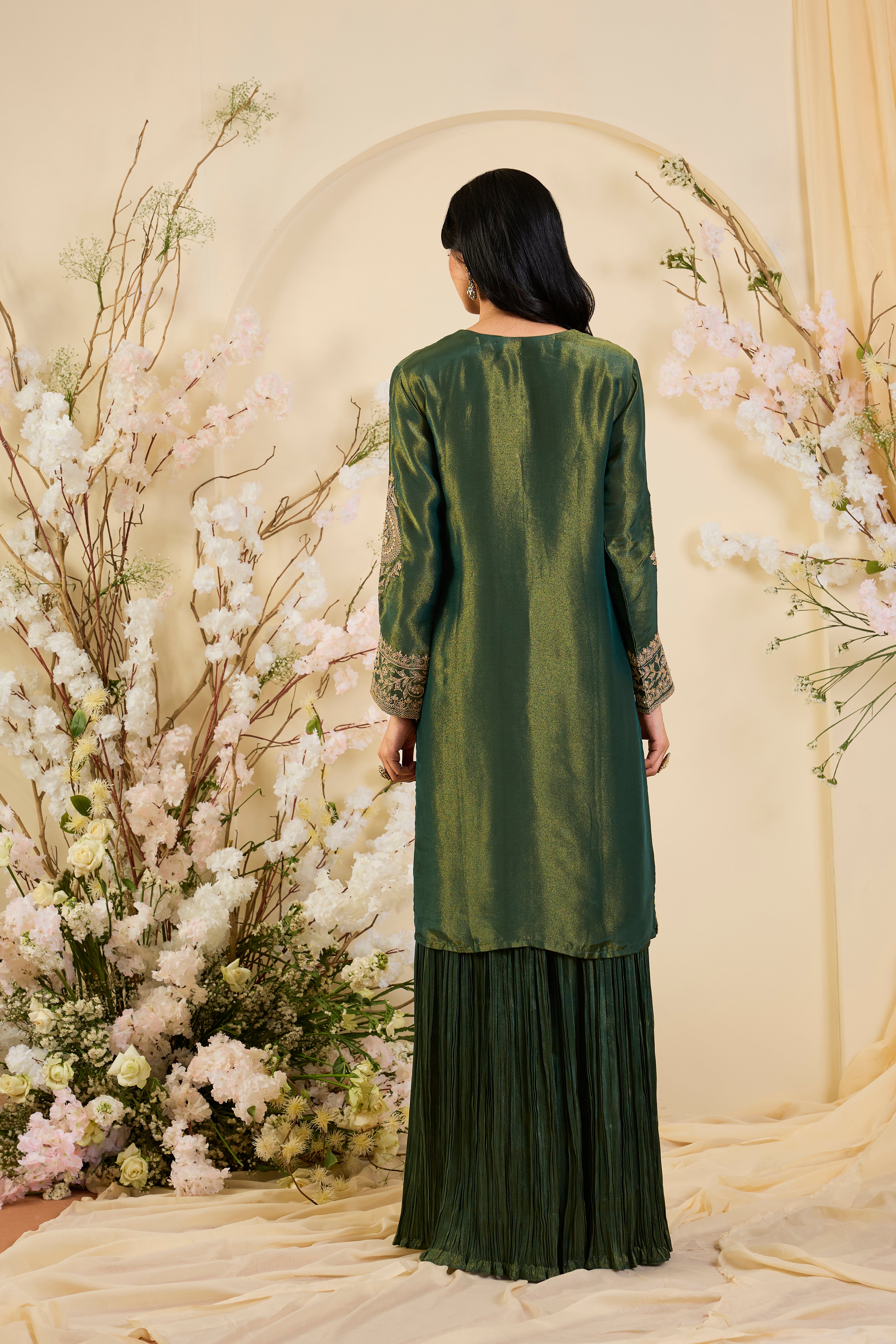 Emerald Heirloom: Regal Silk Kurta Set with Ornate Embroidery & Flowing Palazzo