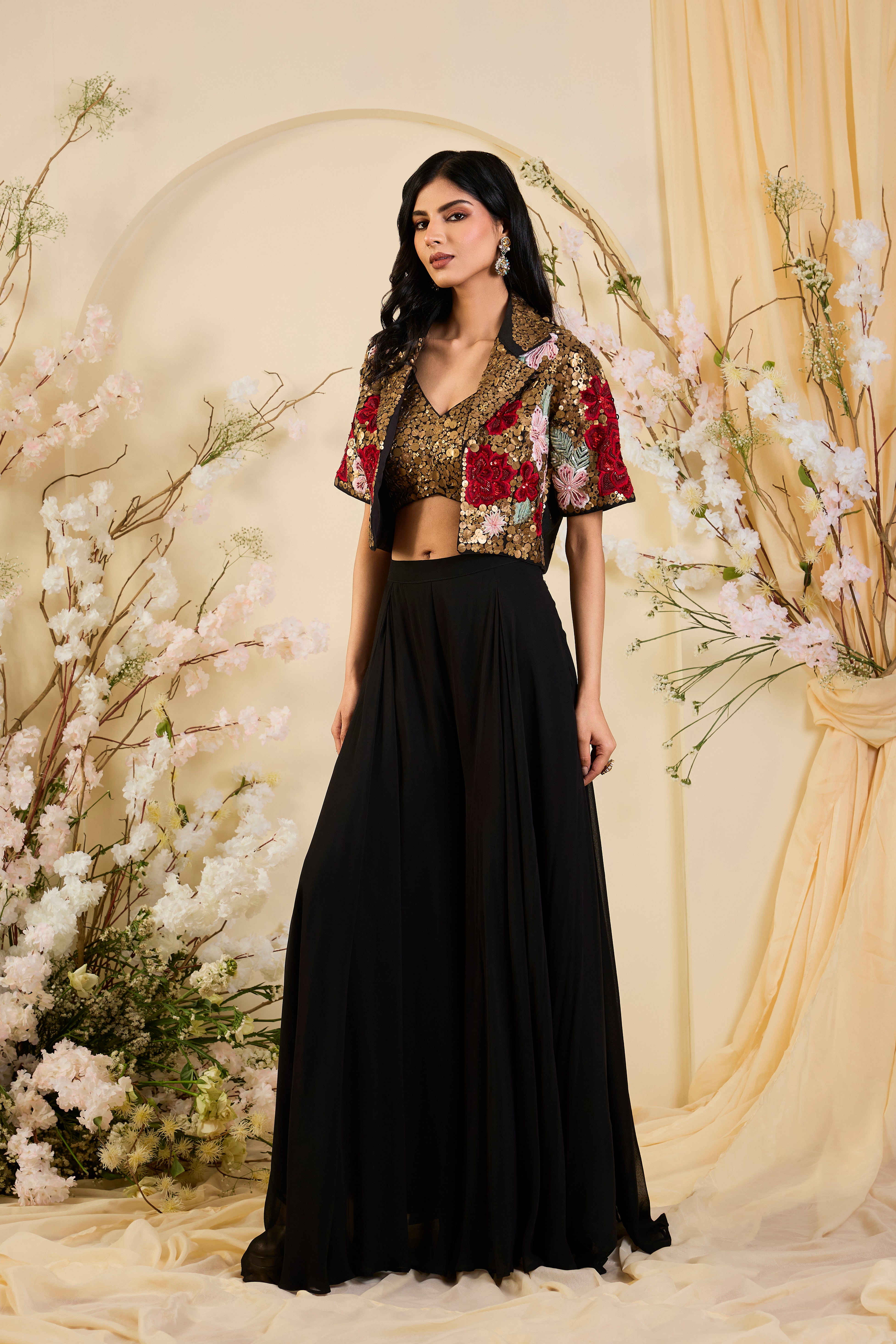 Gilded Bloom: Sequin-Embroidered Floral Jacket Set with Sculpted Blouse & Noir Skirt