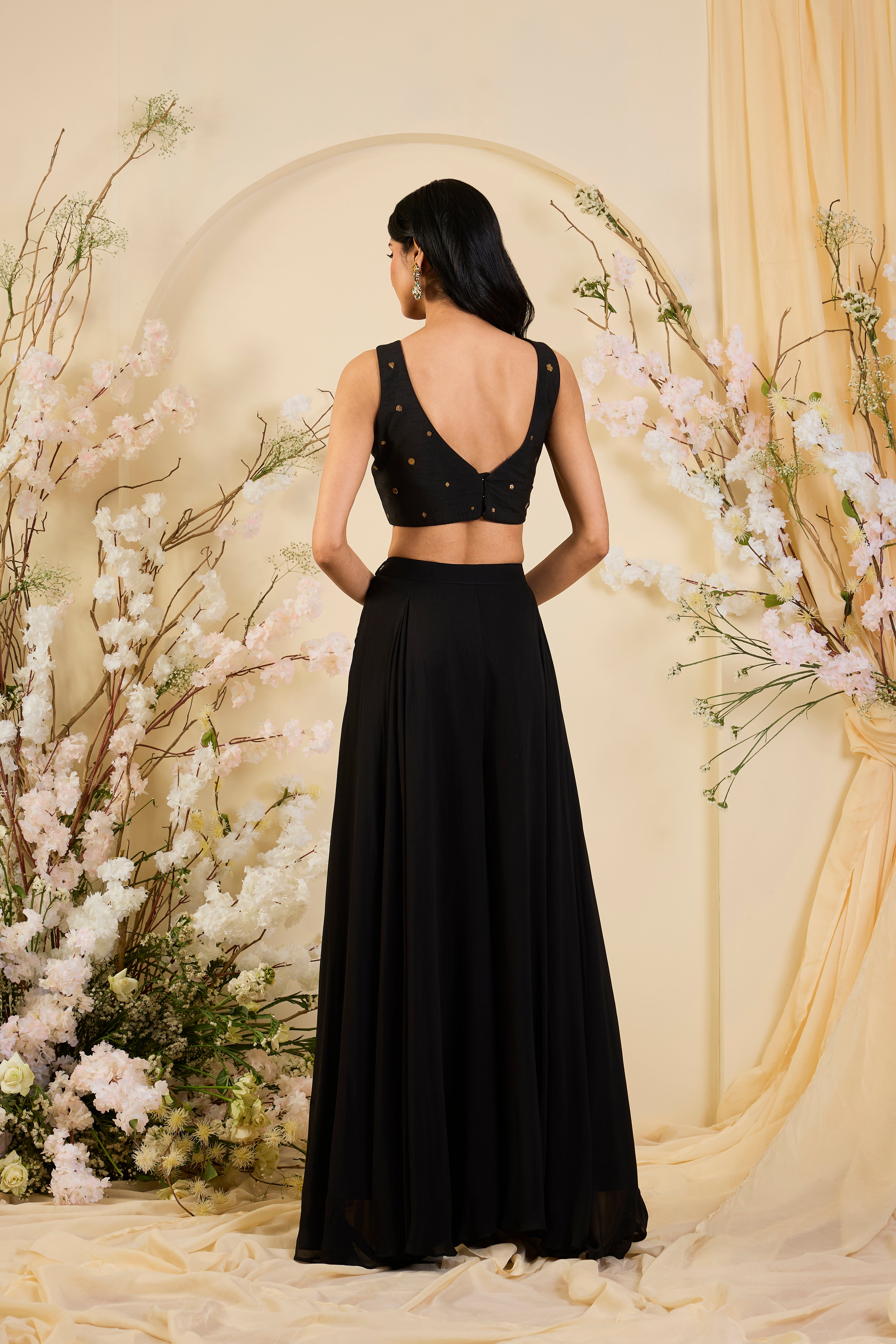 Gilded Bloom: Sequin-Embroidered Floral Jacket Set with Sculpted Blouse & Noir Skirt
