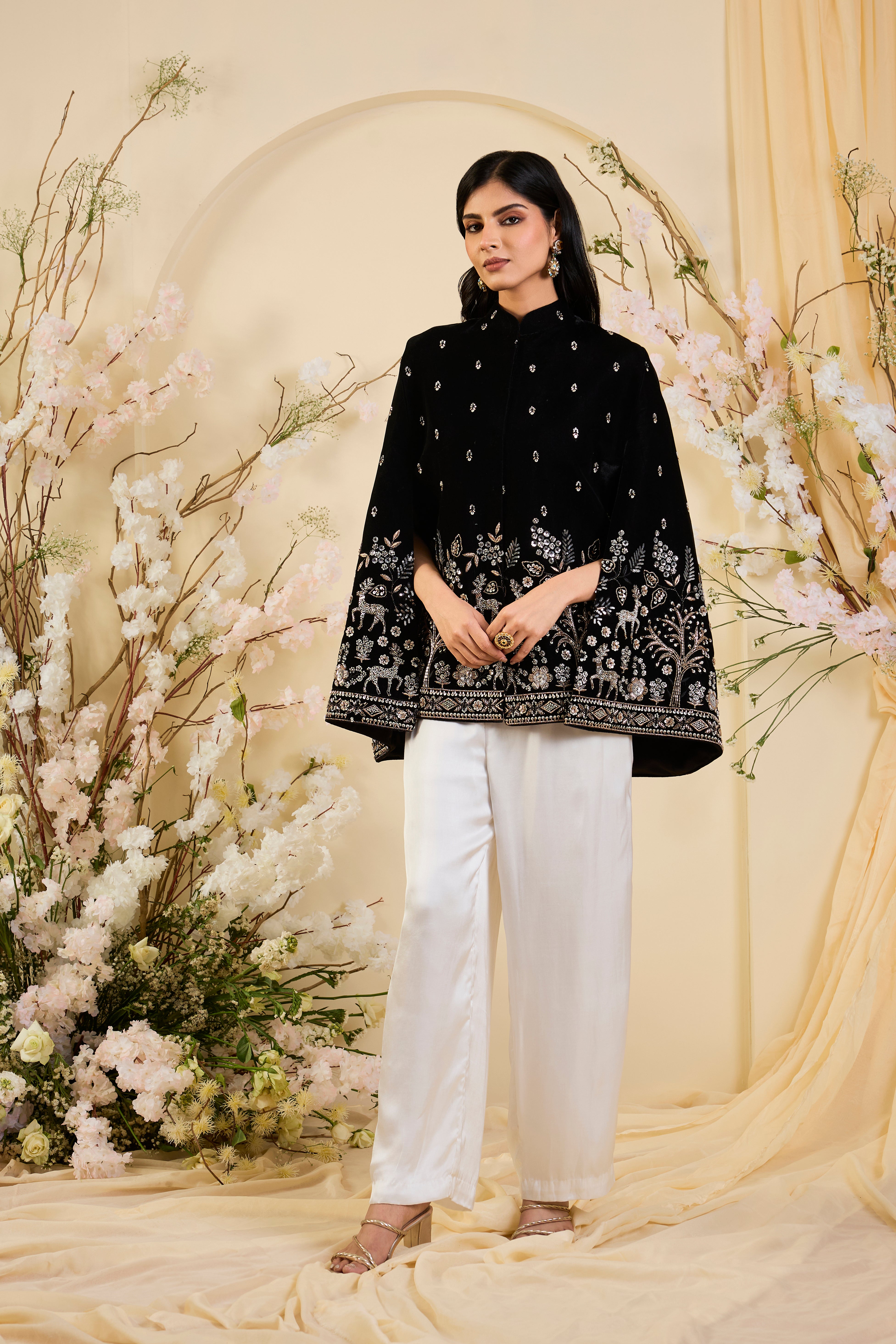 Noir Vana: Velvet Cape with Intricate Flora and Fauna Zari Embroidery & Regal Silhouette