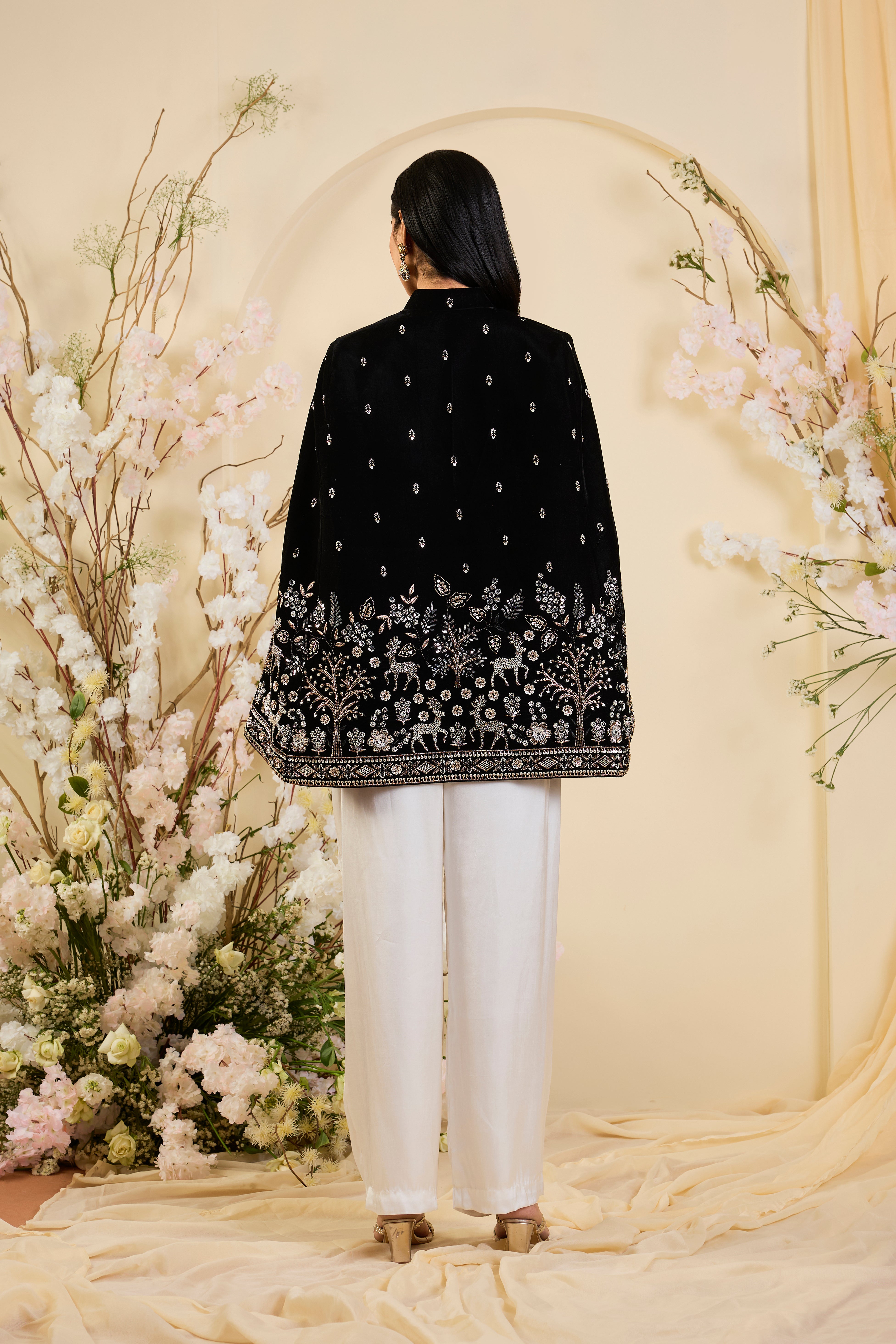 Noir Vana: Velvet Cape with Intricate Flora and Fauna Zari Embroidery & Regal Silhouette