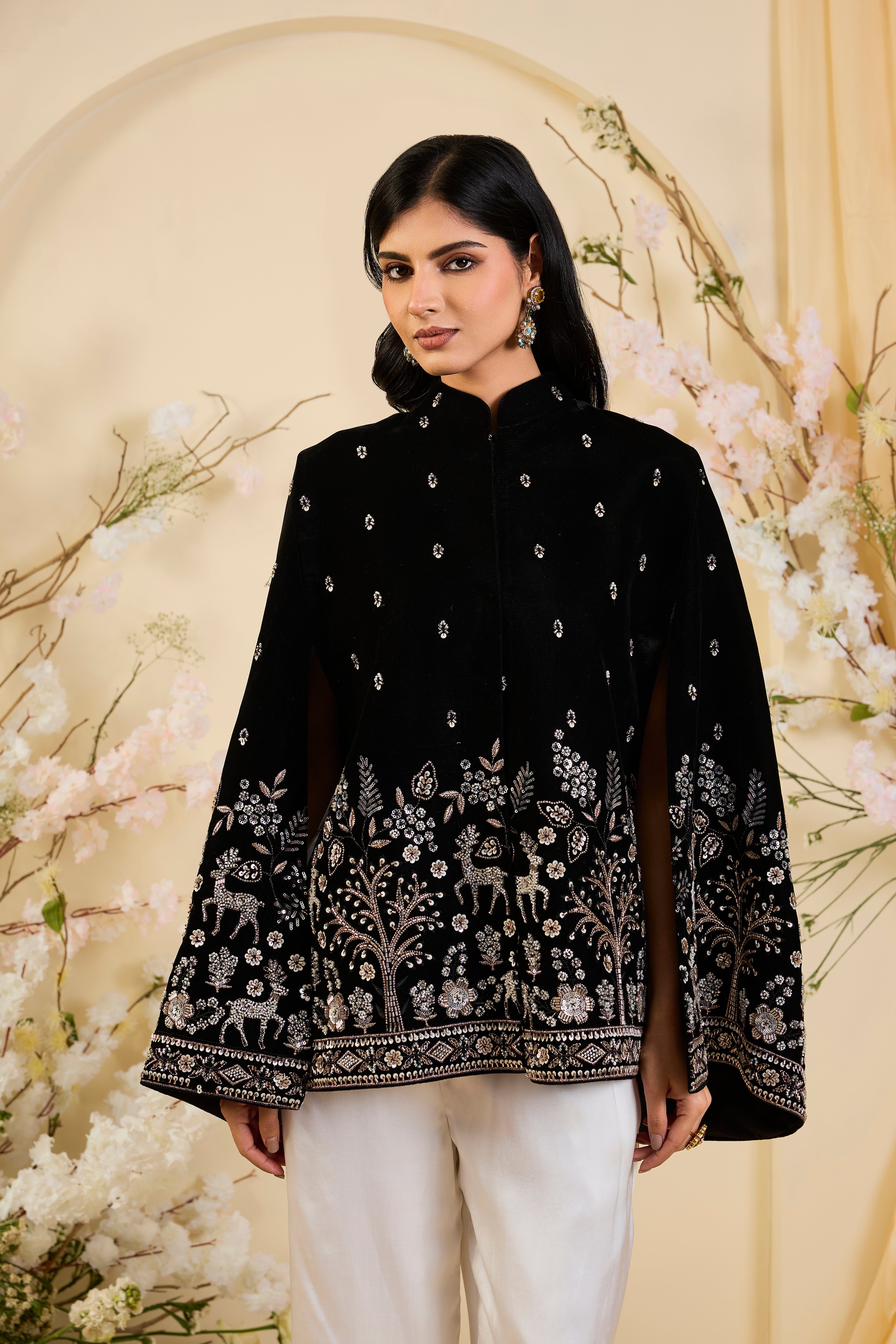 Noir Vana: Velvet Cape with Intricate Flora and Fauna Zari Embroidery & Regal Silhouette