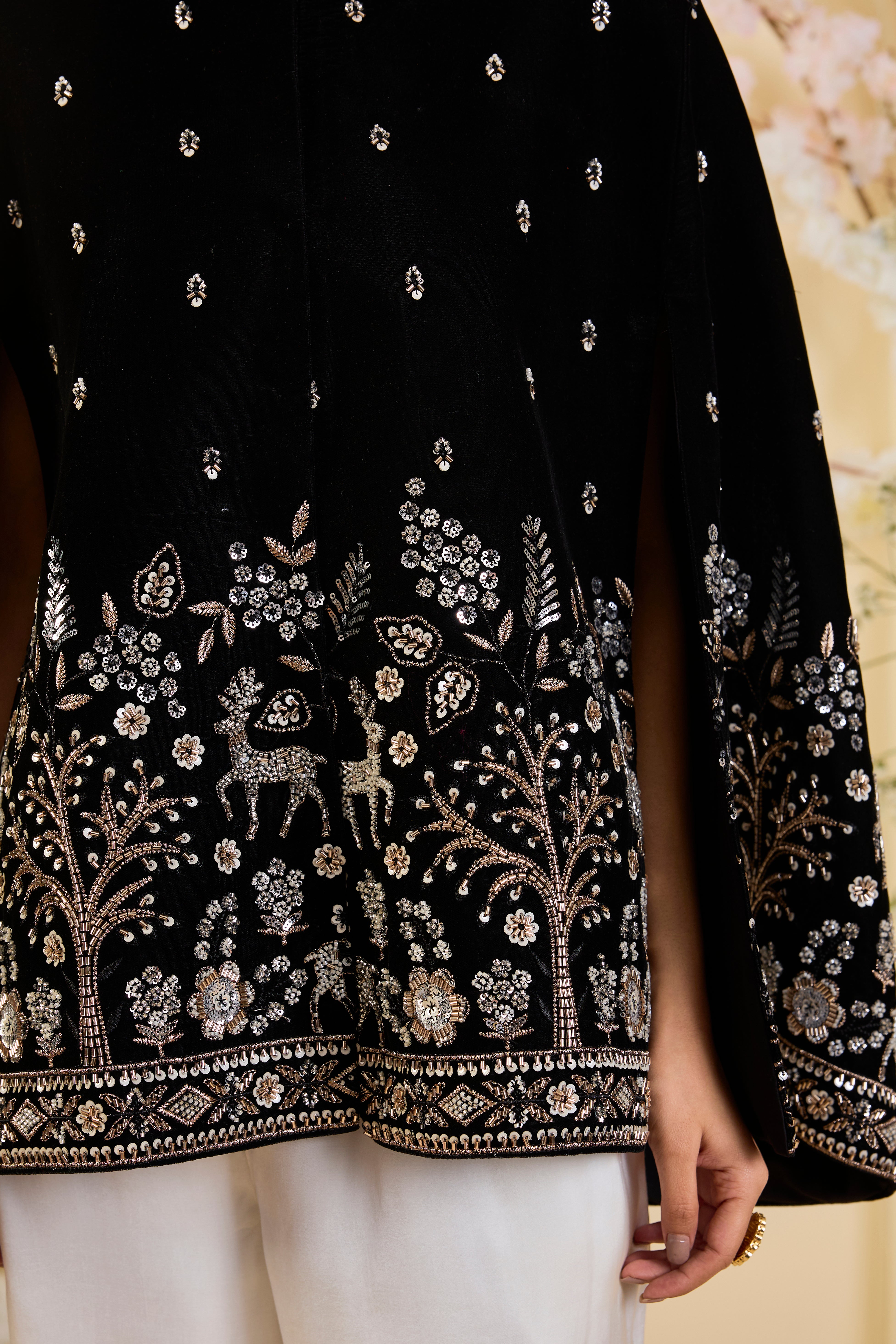 Noir Vana: Velvet Cape with Intricate Flora and Fauna Zari Embroidery & Regal Silhouette