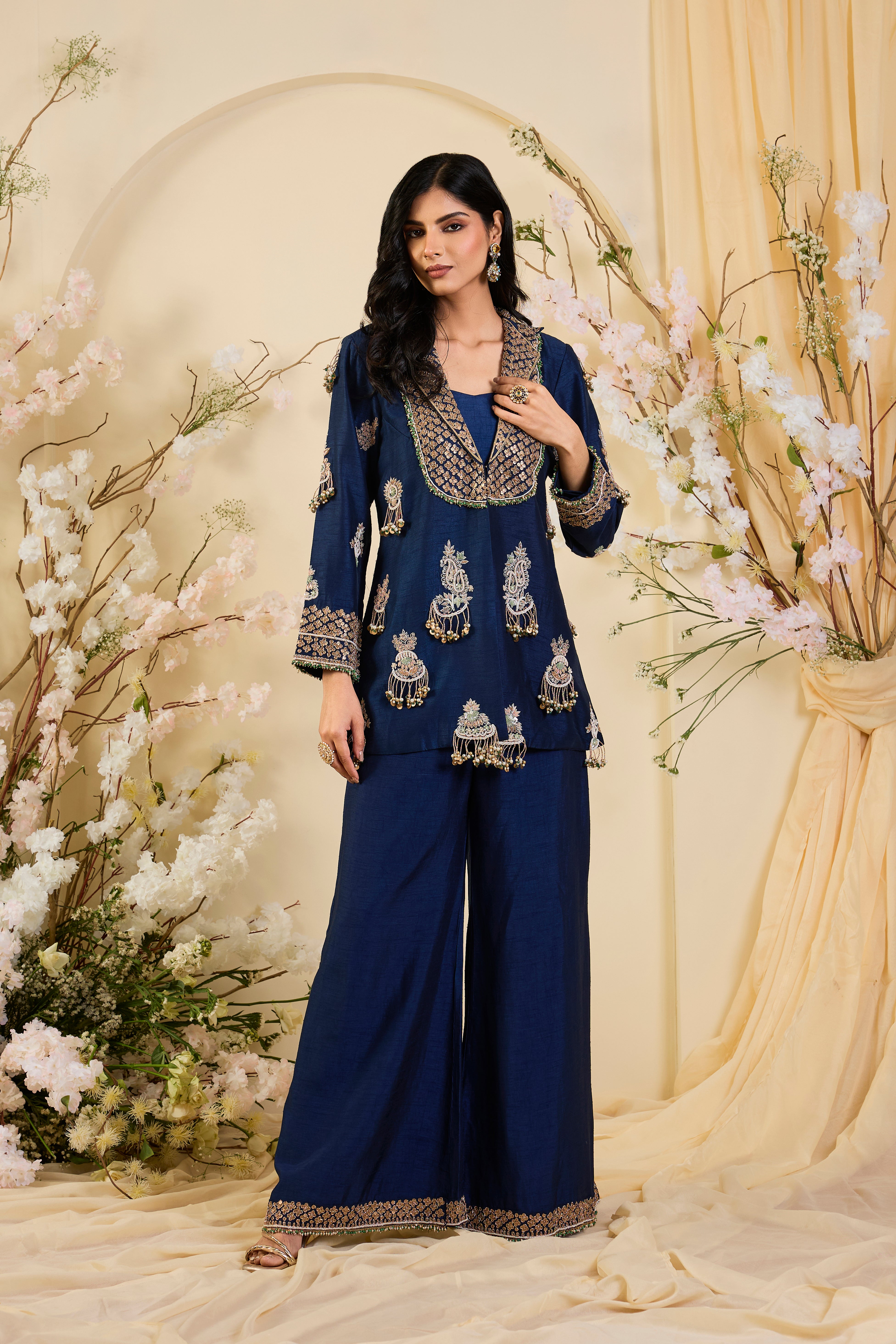 Neel Zardozi: Midnight Blue Kurta Set with Ornate Embellished Yoke & Regal Palazzo Silhouette