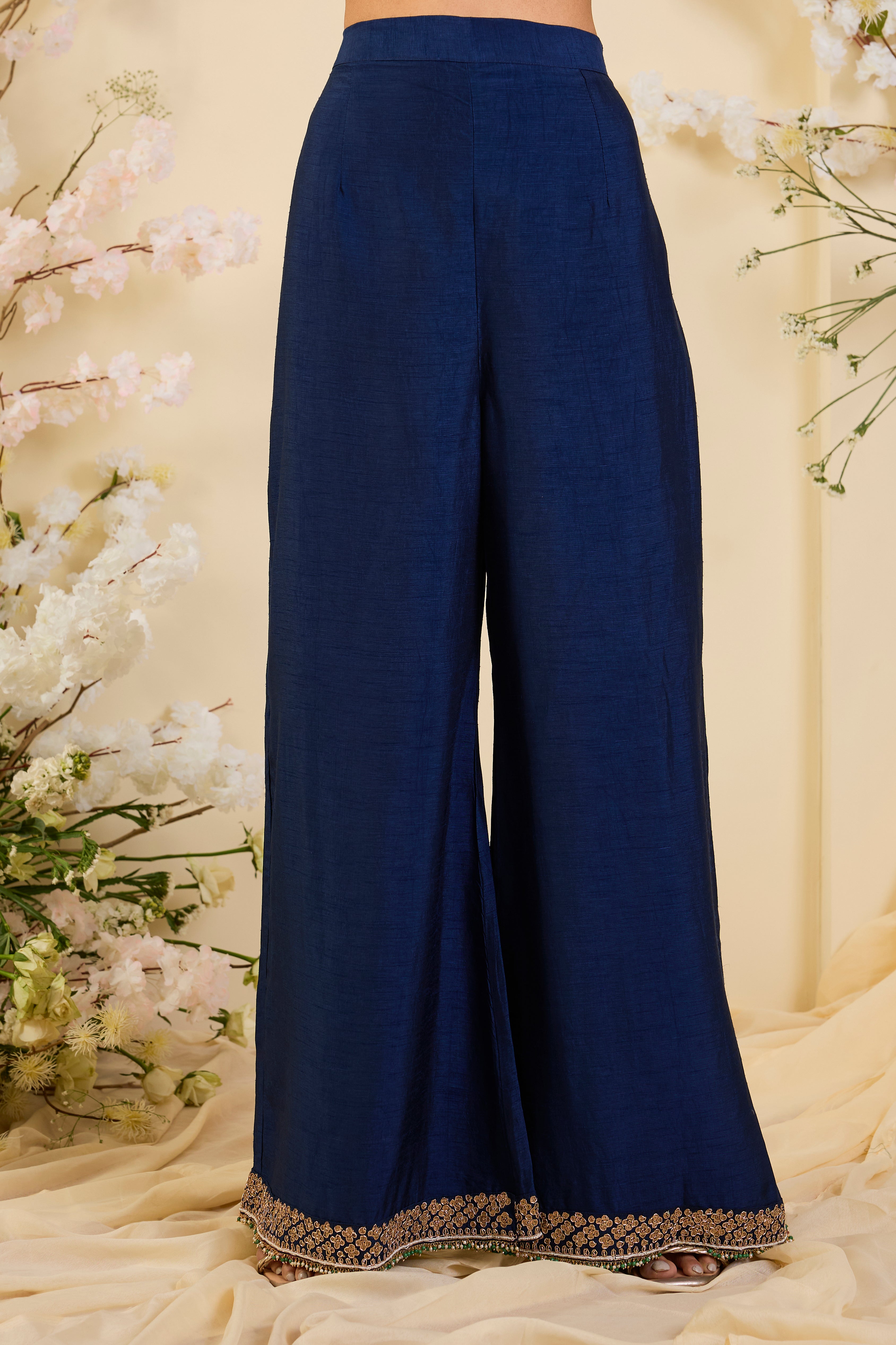Neel Zardozi: Midnight Blue Kurta Set with Ornate Embellished Yoke & Regal Palazzo Silhouette