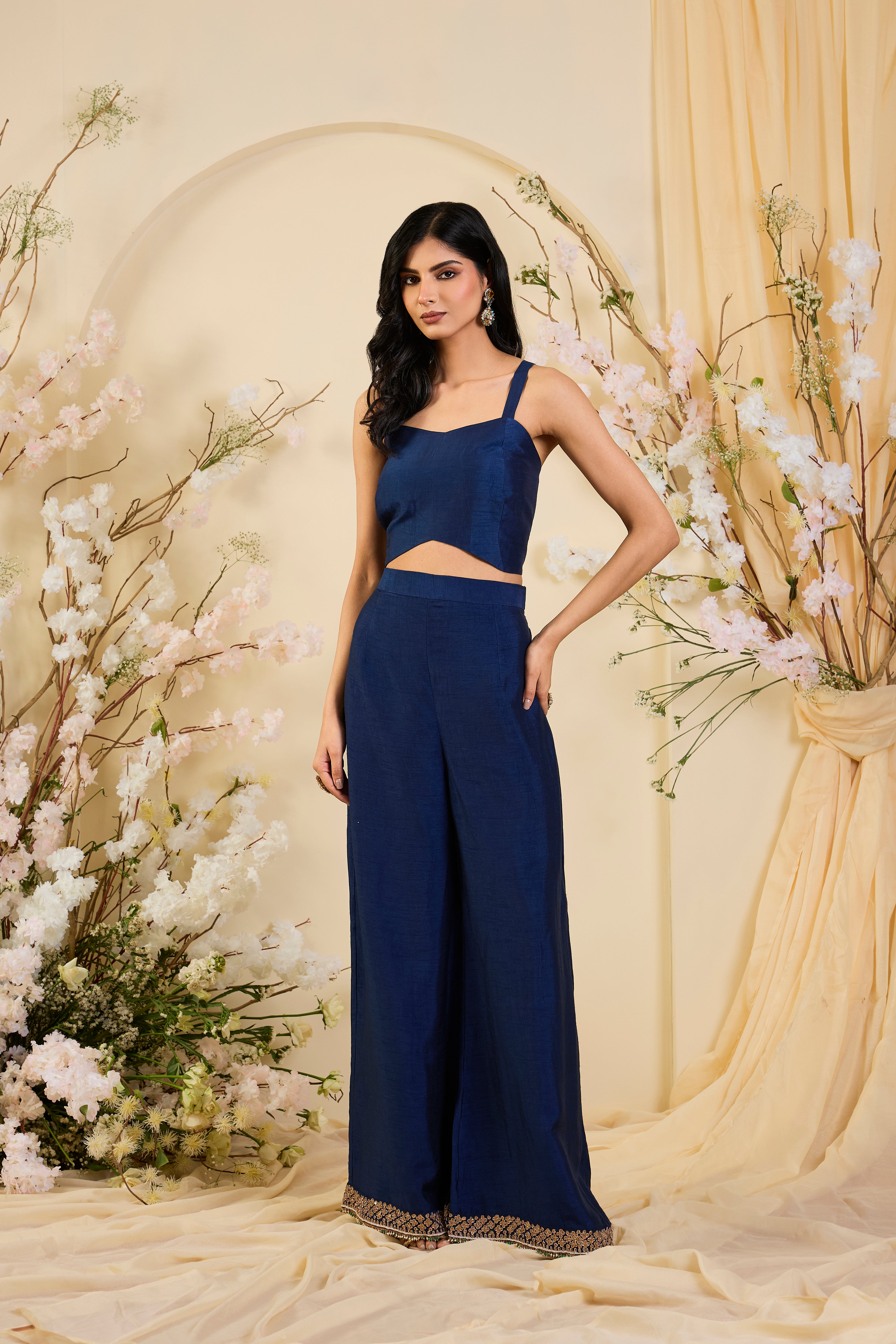 Neel Zardozi: Midnight Blue Kurta Set with Ornate Embellished Yoke & Regal Palazzo Silhouette