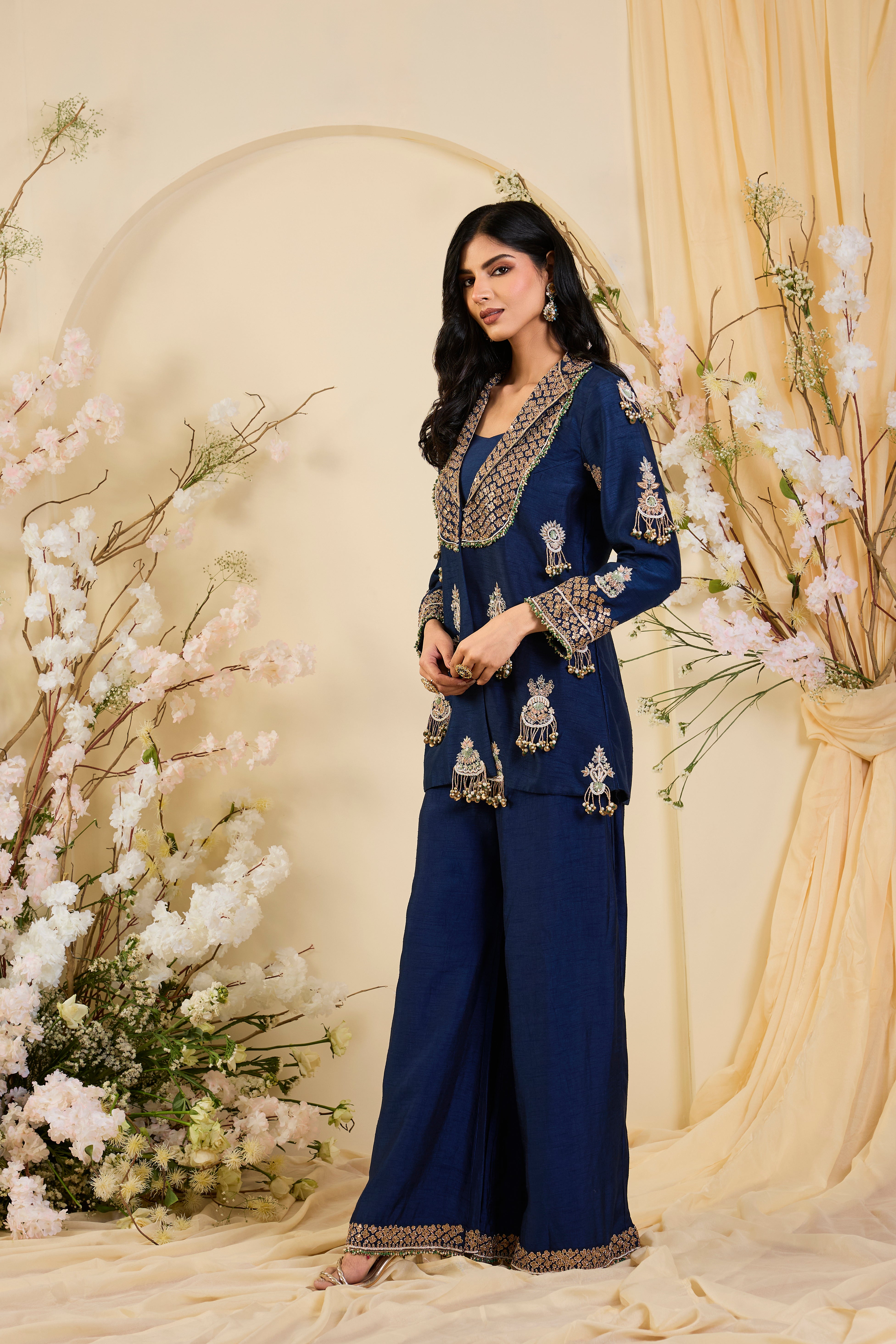 Neel Zardozi: Midnight Blue Kurta Set with Ornate Embellished Yoke & Regal Palazzo Silhouette