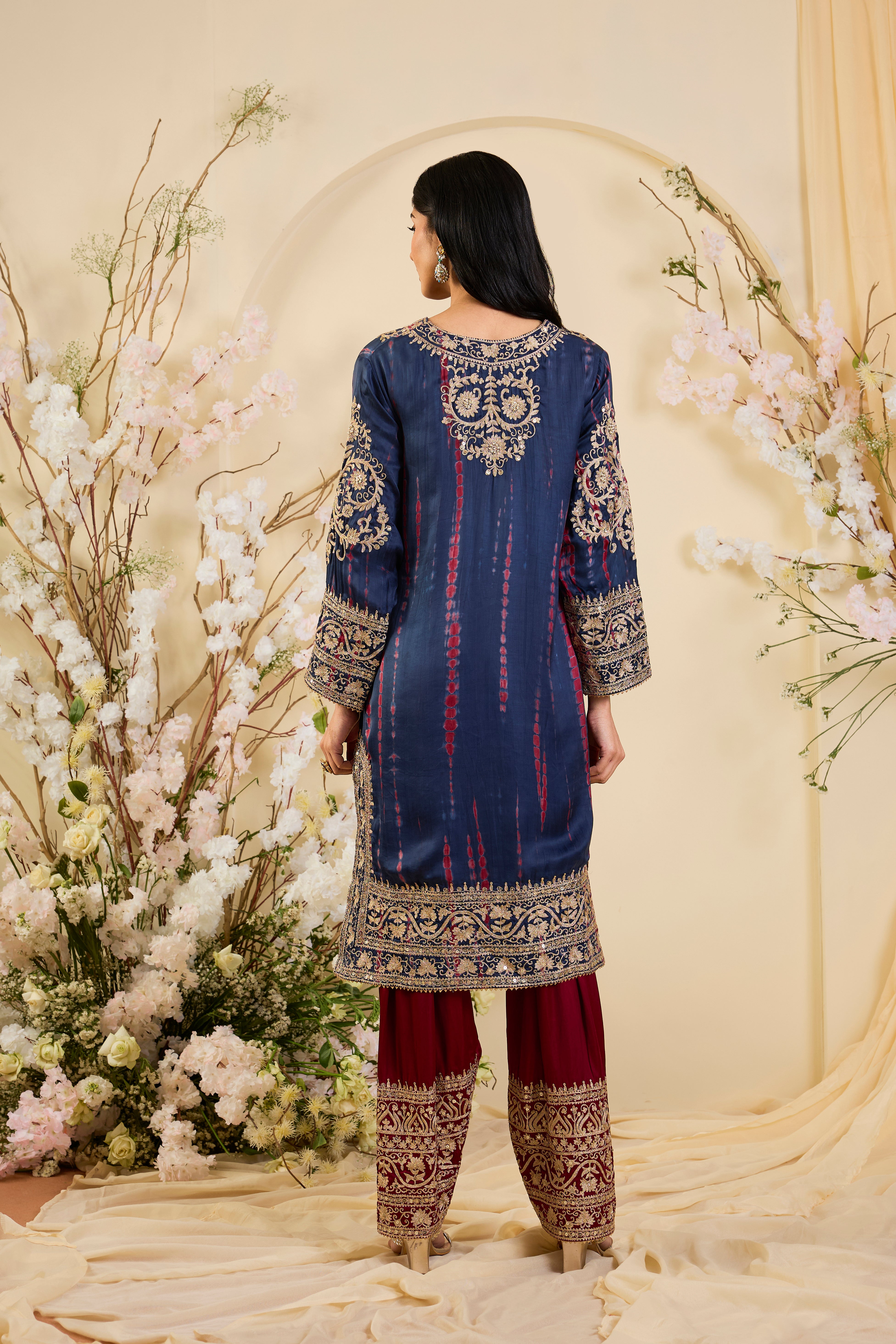 Neel Riwaayat: Indigo Kurta Set with Antique Zari Embroidery & Crimson Accents