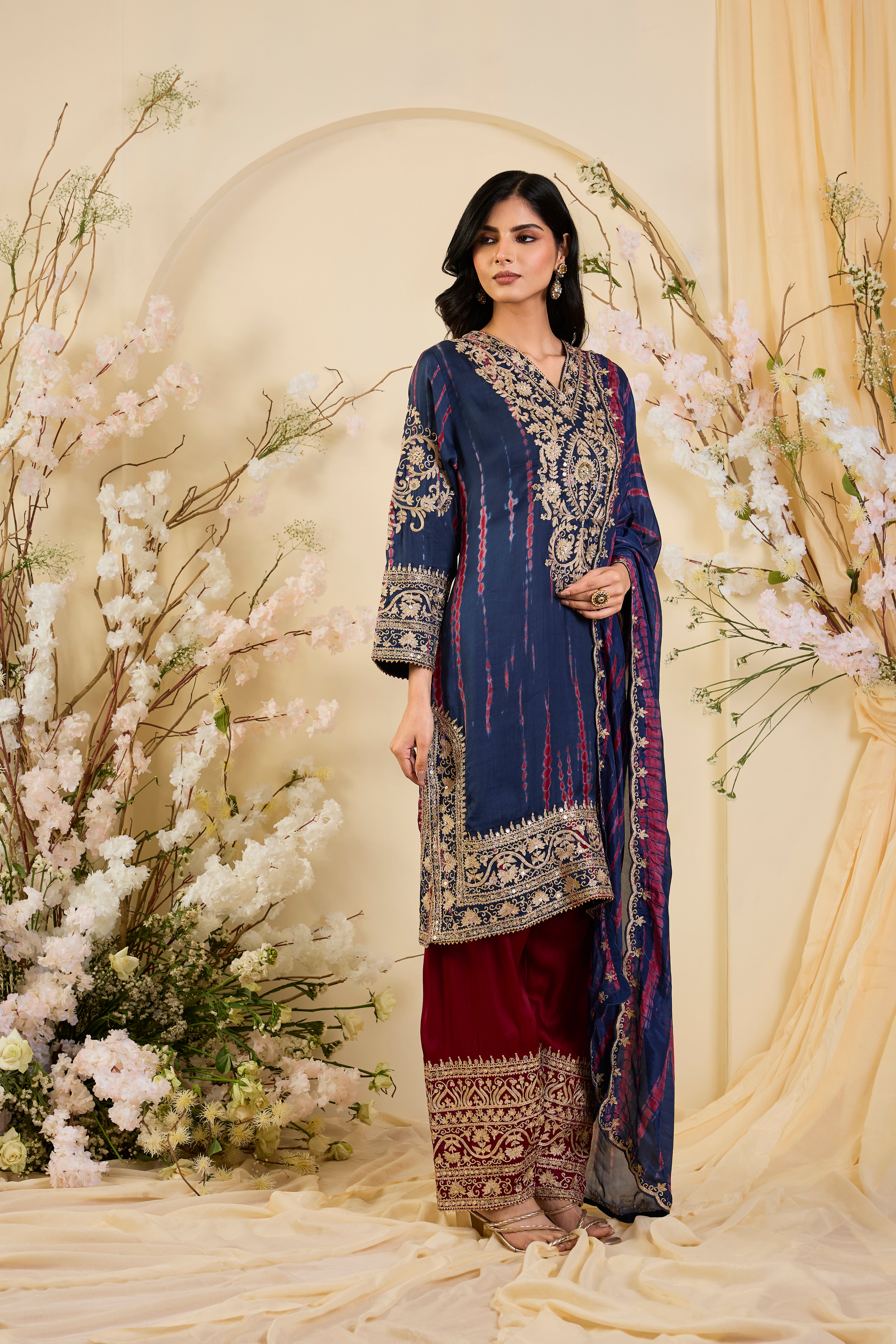 Neel Riwaayat: Indigo Kurta Set with Antique Zari Embroidery & Crimson Accents