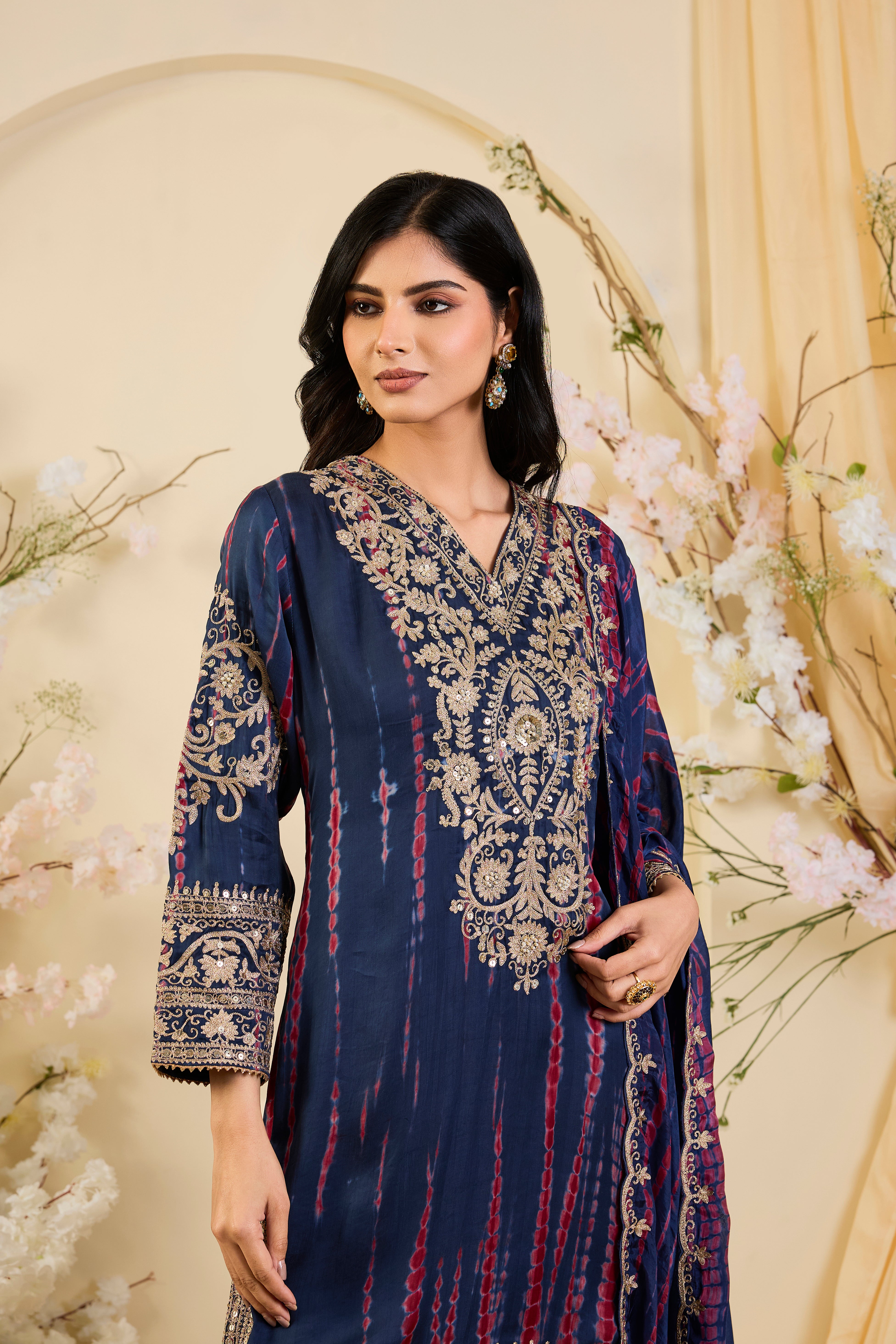 Neel Riwaayat: Indigo Kurta Set with Antique Zari Embroidery & Crimson Accents