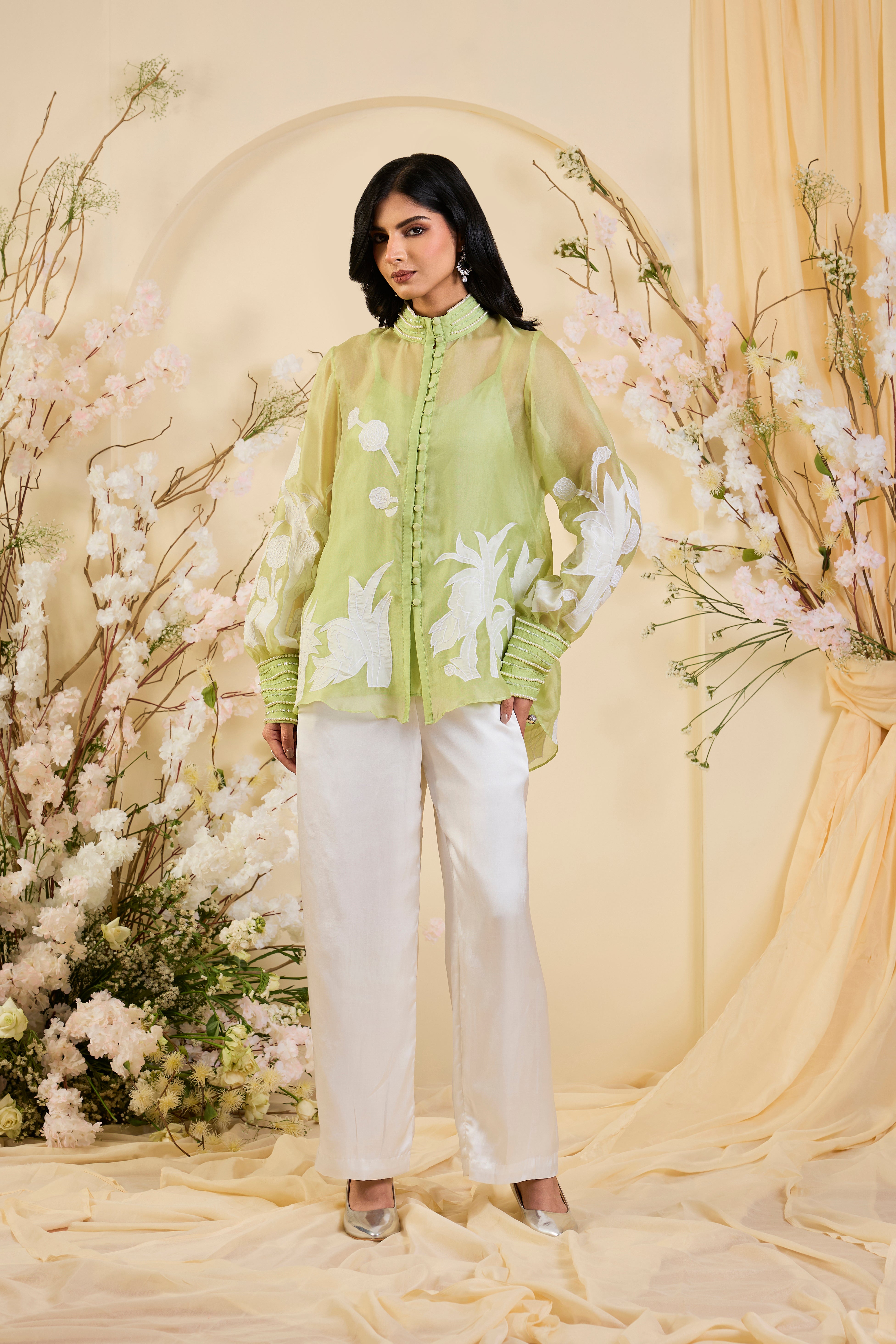 Pistachio Whisper: Sheer Organza Shirt with Ivory Appliqué & Tailored Ivory Trousers