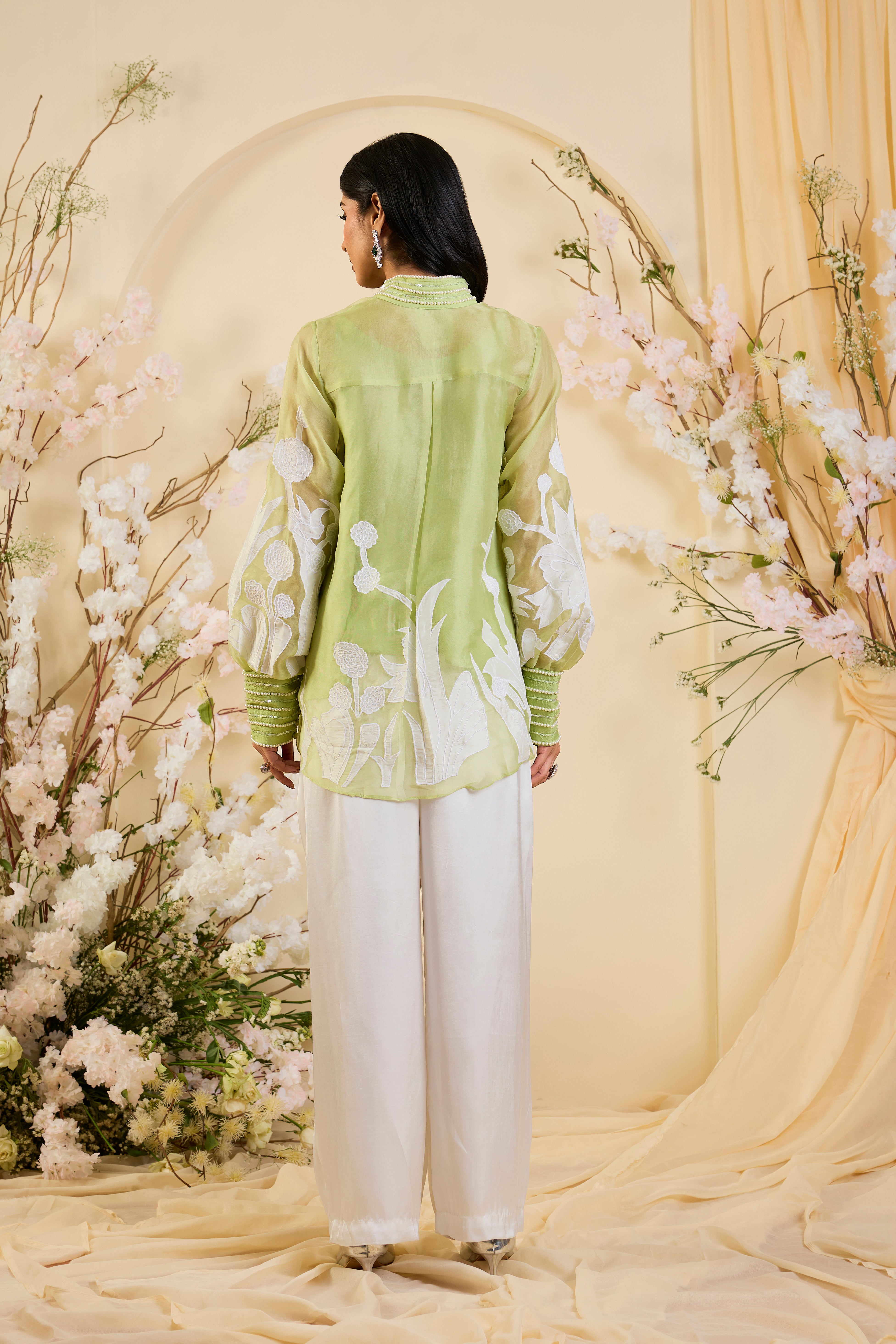 Pistachio Whisper: Sheer Organza Shirt with Ivory Appliqué & Tailored Ivory Trousers