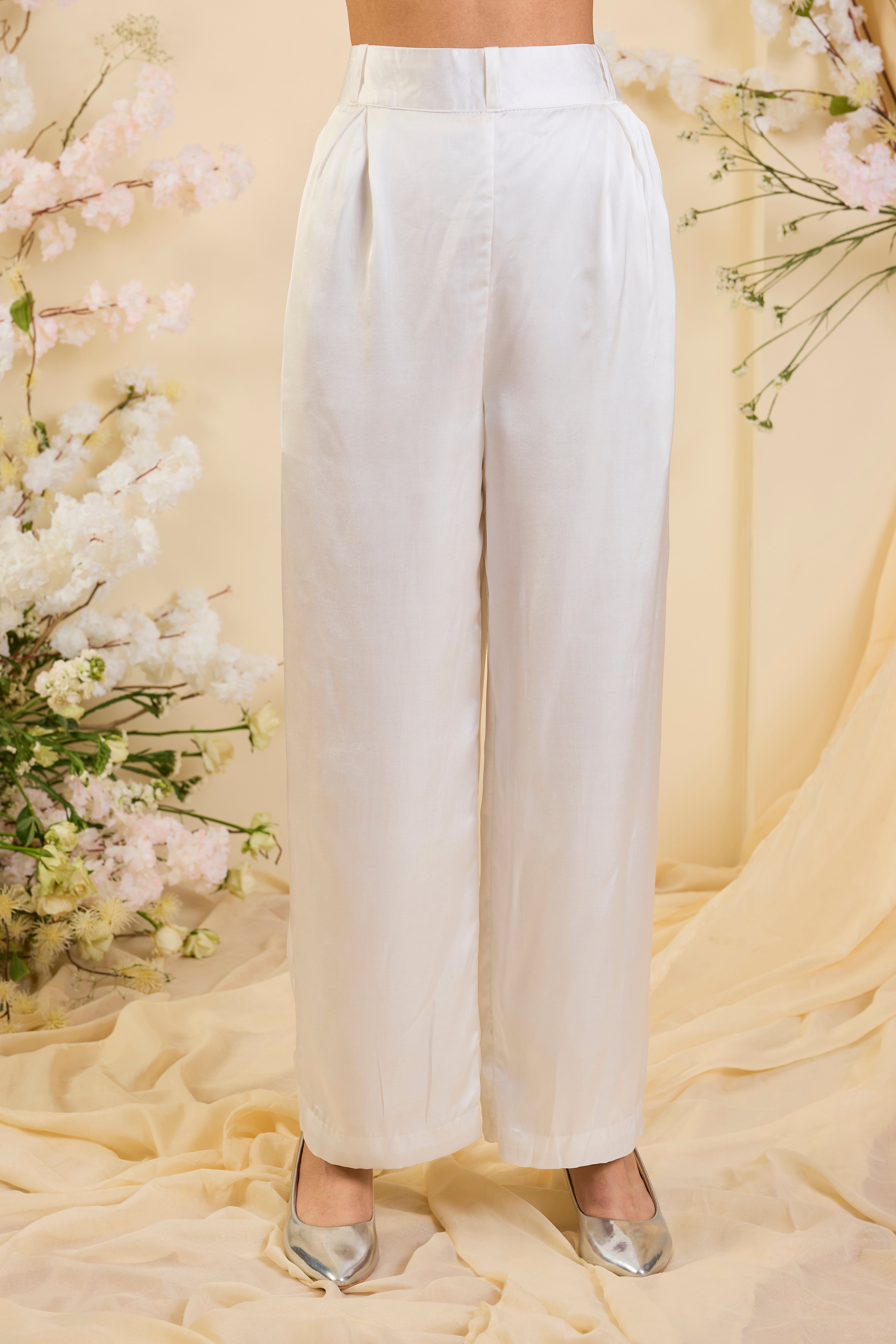 Pistachio Whisper: Sheer Organza Shirt with Ivory Appliqué & Tailored Ivory Trousers