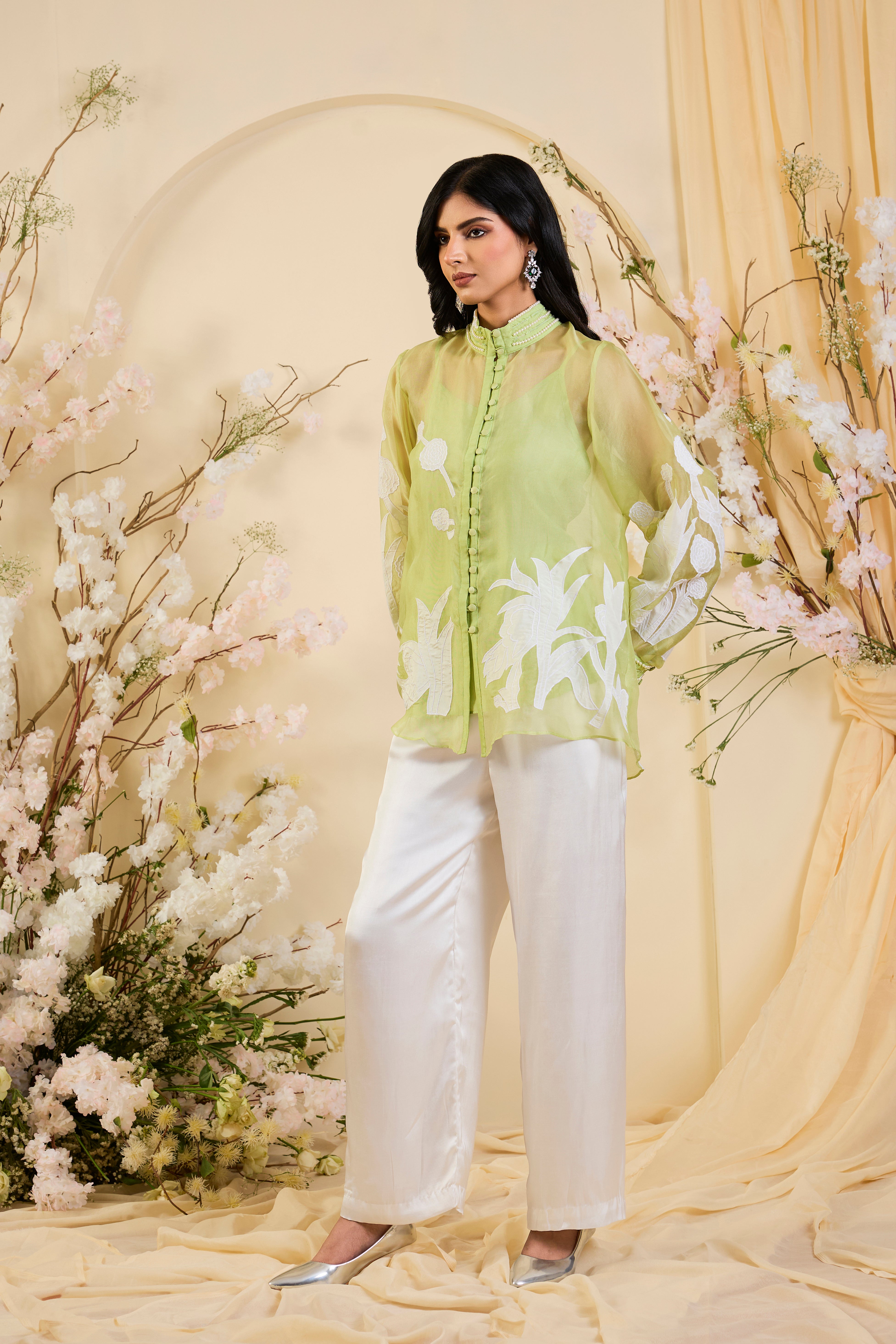 Pistachio Whisper: Sheer Organza Shirt with Ivory Appliqué & Tailored Ivory Trousers