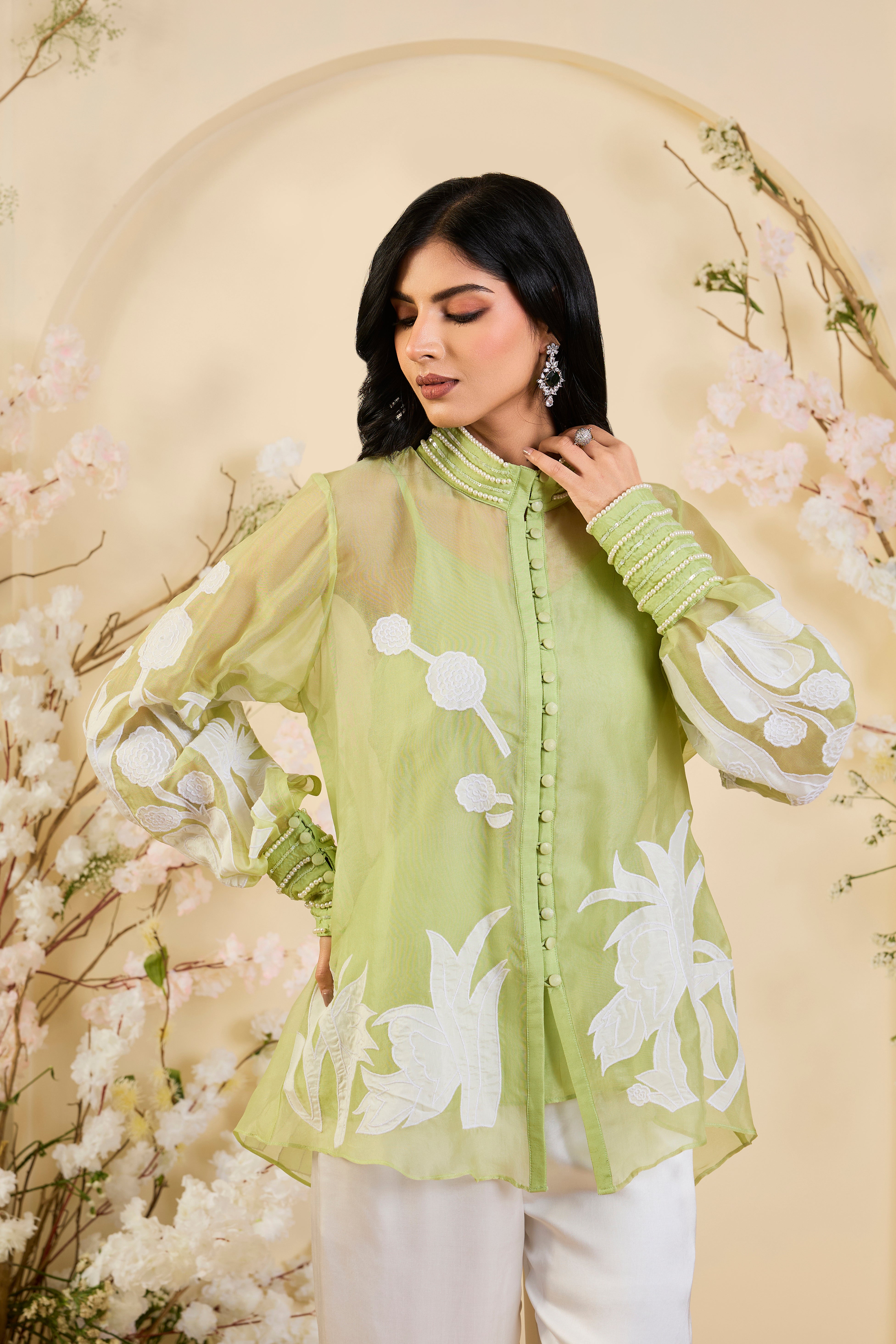 Pistachio Whisper: Sheer Organza Shirt with Ivory Appliqué & Tailored Ivory Trousers