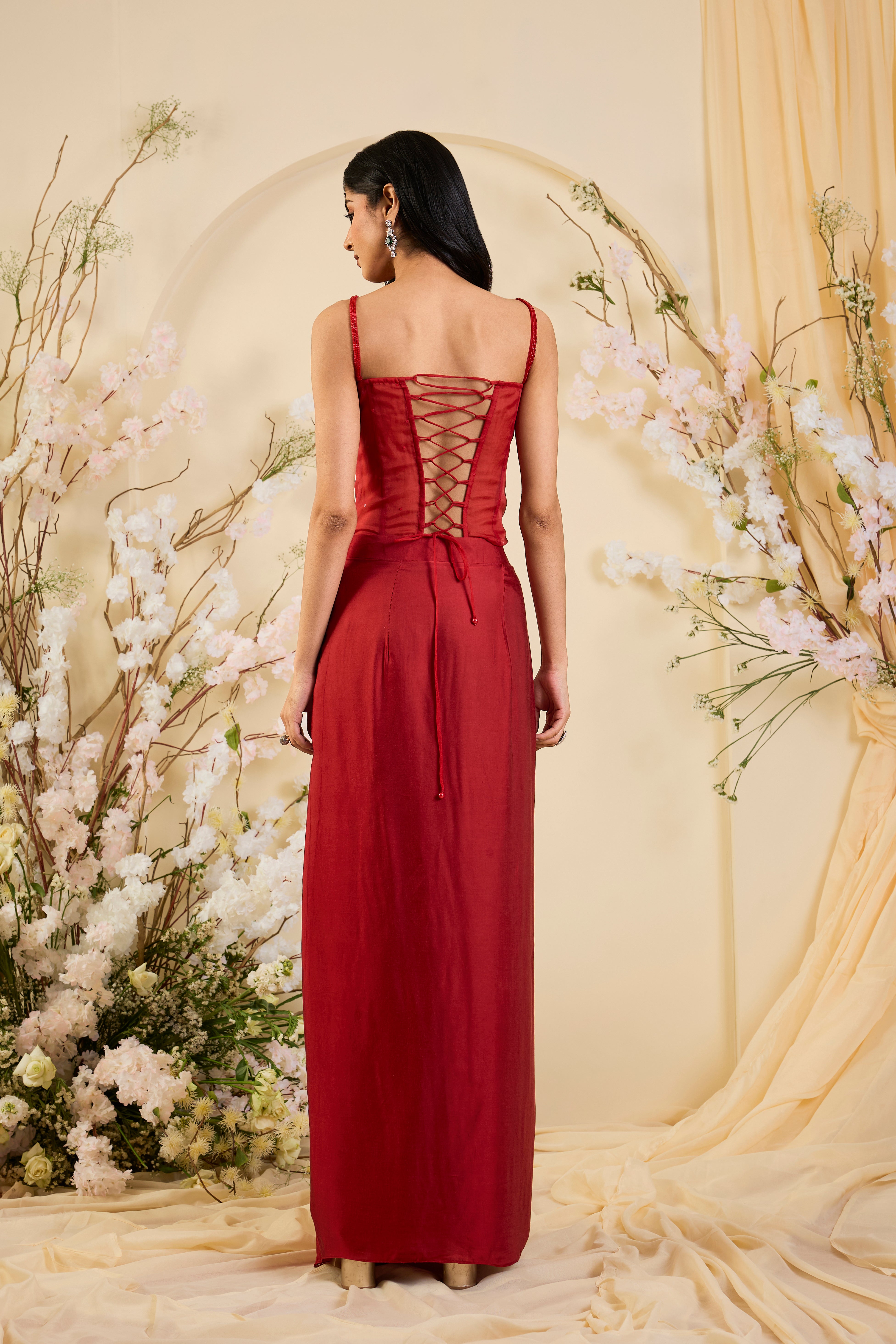Rouge Royale: Draped Saree Gown with Hand-Embroidered Corset & Sheer Statement Cape