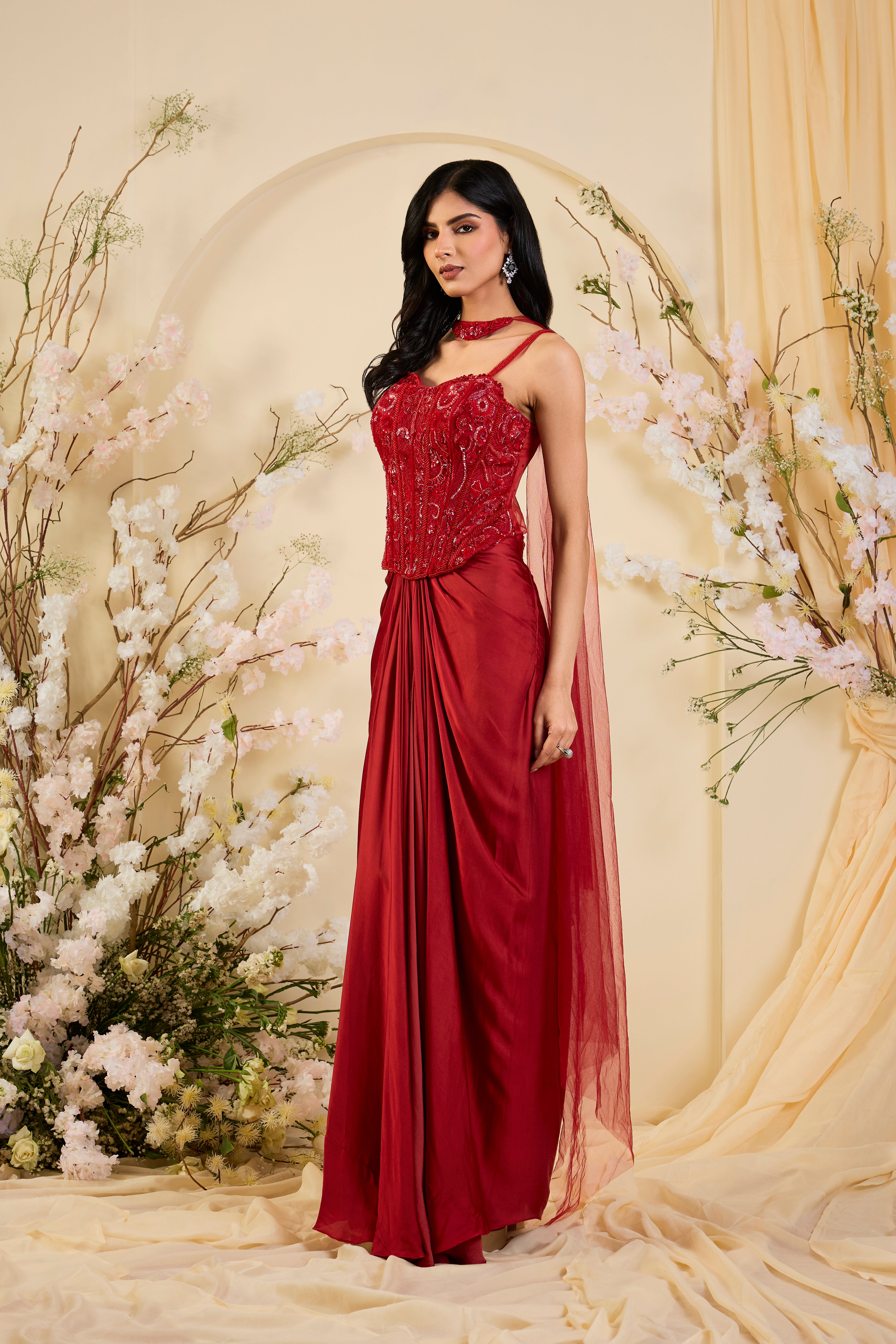 Rouge Royale: Draped Saree Gown with Hand-Embroidered Corset & Sheer Statement Cape