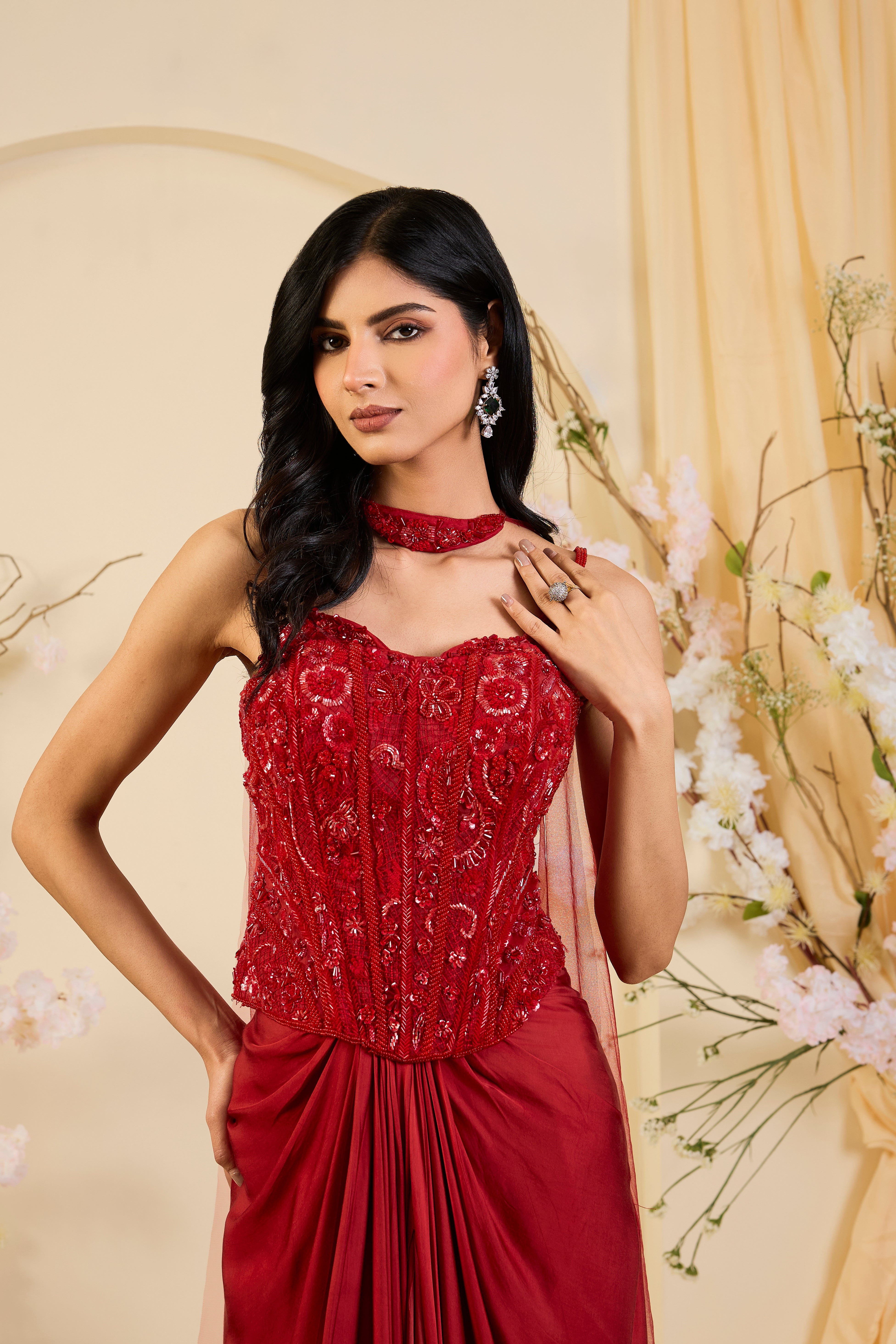 Rouge Royale: Draped Saree Gown with Hand-Embroidered Corset & Sheer Statement Cape