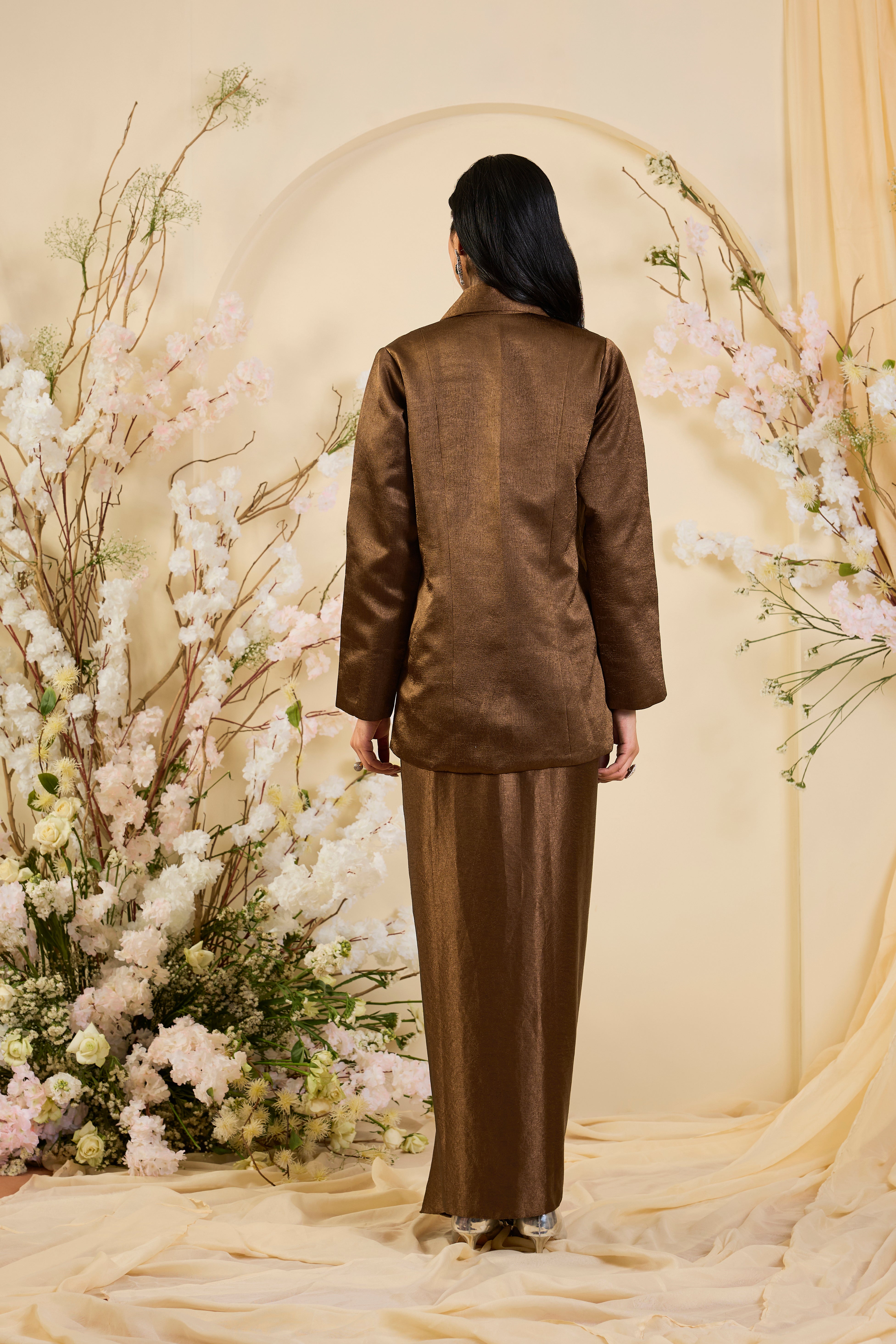 Bronze Éclat: Sculpted Drape Skirt Set with Tailored Jacket & Hand-Appliquéd Floral Embellishments