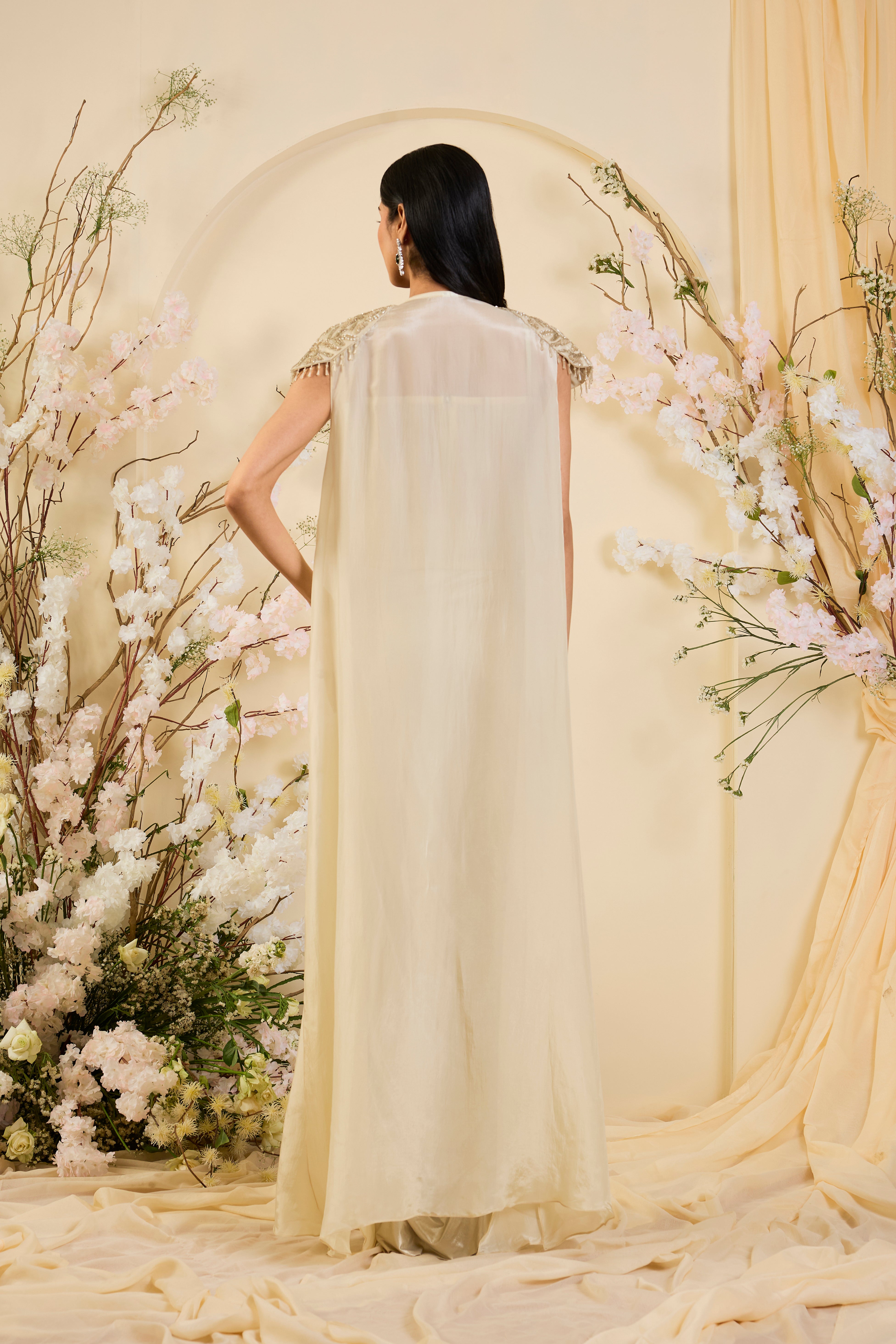 Champagne Drape Saree Gown with Hand-Embellished Corset Bodice & Sheer Cape Elegance