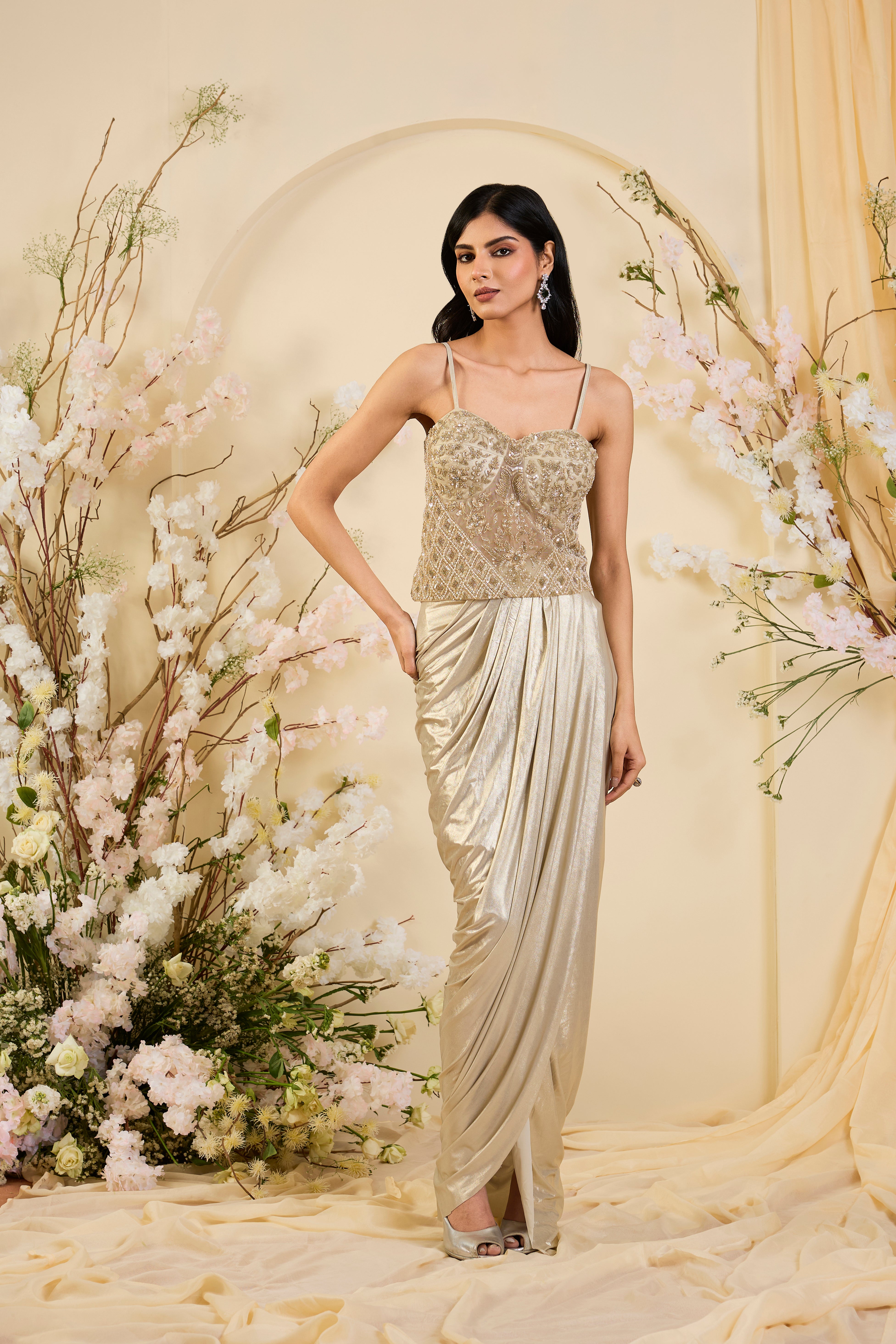 Champagne Drape Saree Gown with Hand-Embellished Corset Bodice & Sheer Cape Elegance