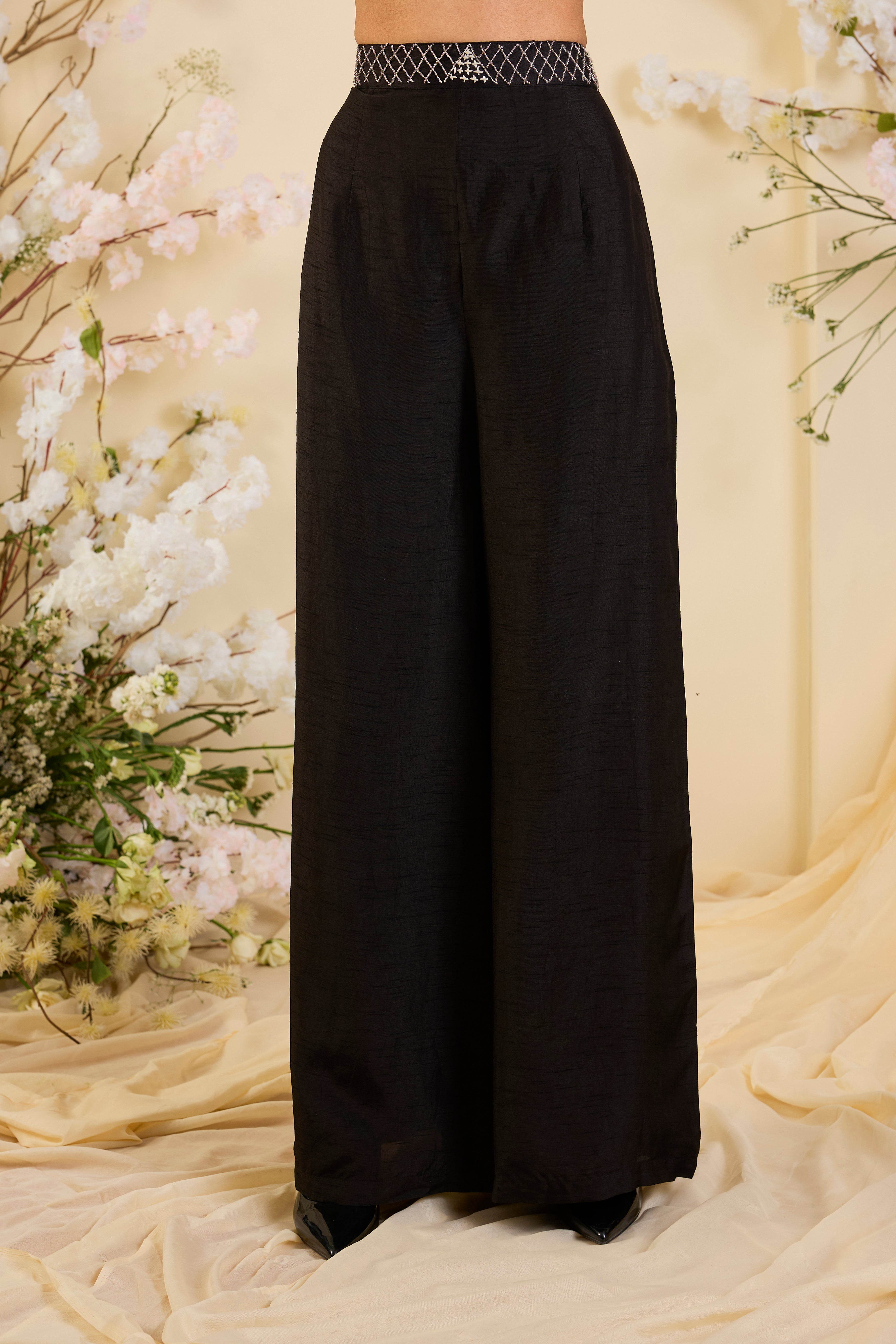 Noir Celestial Co-ord Set with Hand-Embroidered Halter Blouse & Statement Palazzo Silhouette