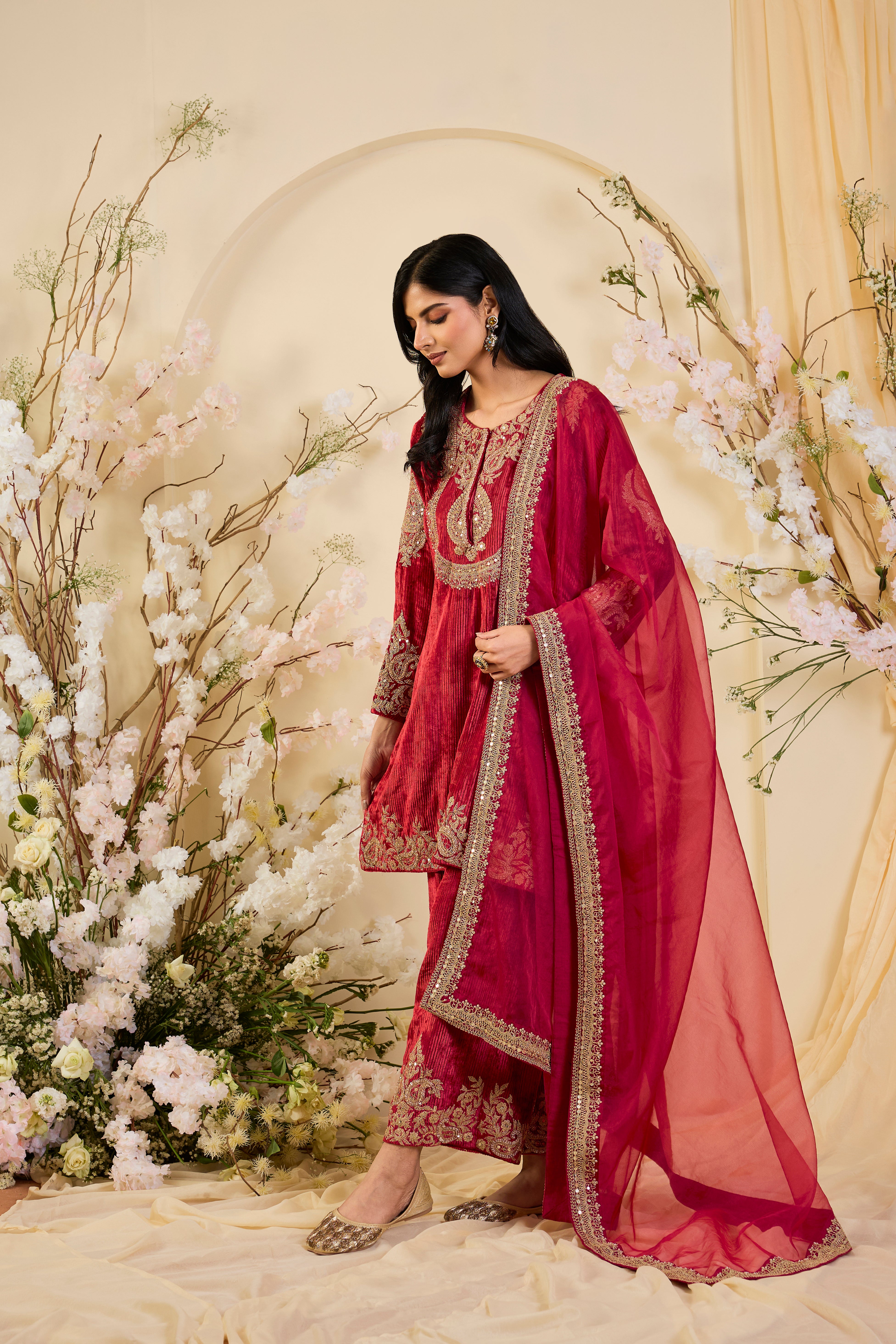 Rani Crimson Kurta Set with Opulent Zari Embroidery & Regal Organza Dupatta