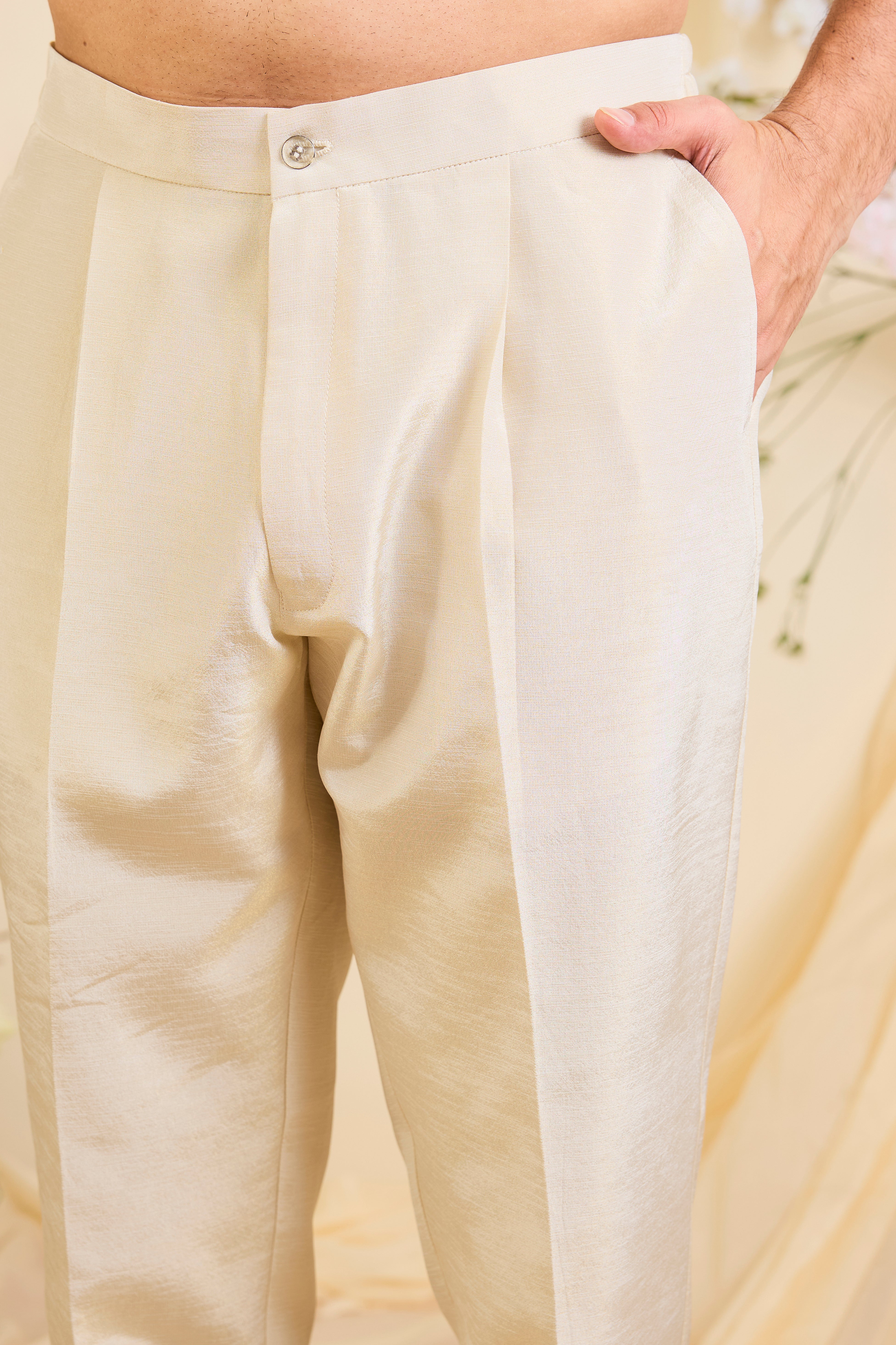 Golden tissue formal pant pyjamas with a structured, fused construction, offering a sharp silhouette and refined, polished elegance.