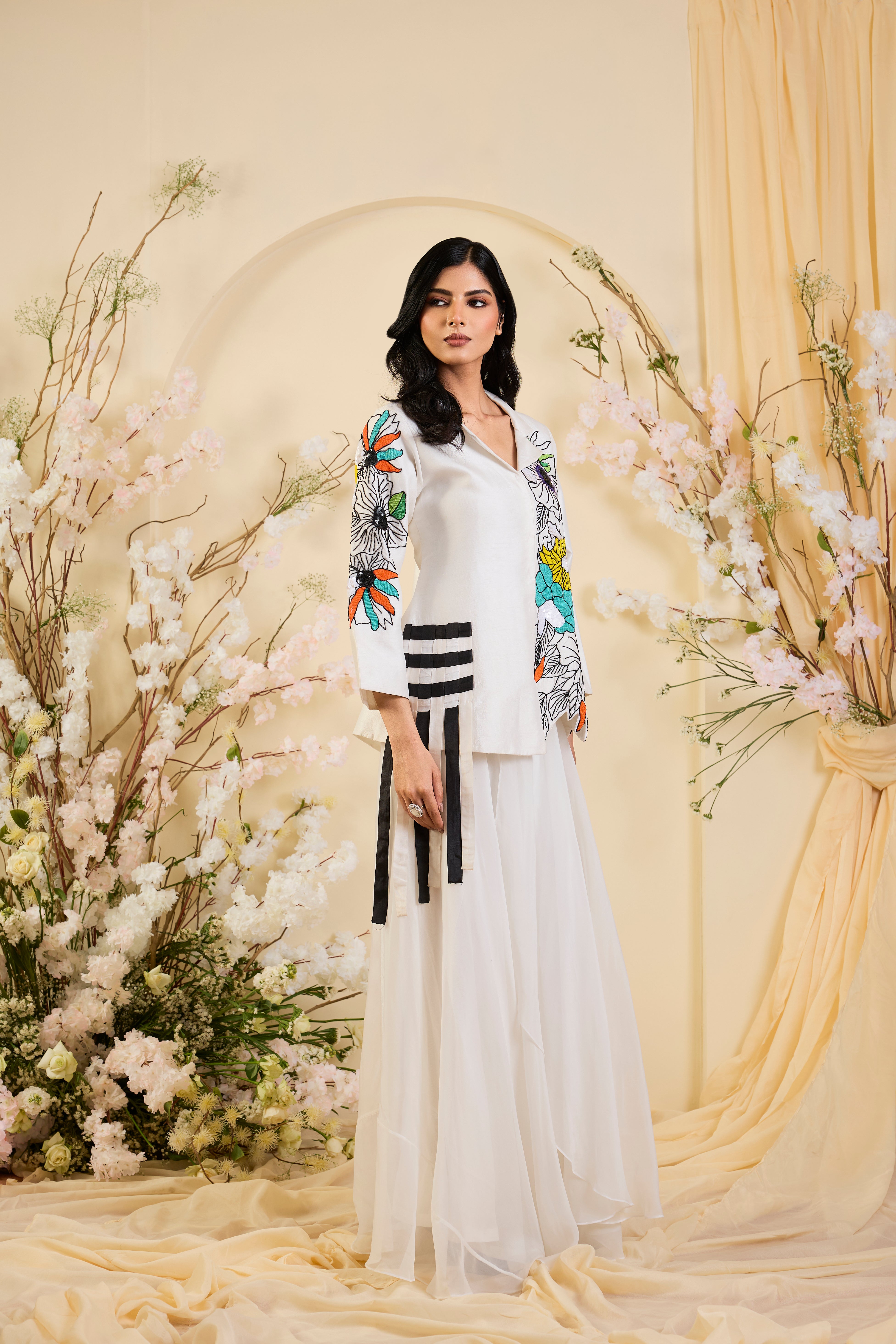 Ivory Canvas: Hand-Embroidered Bloom Tunic Set