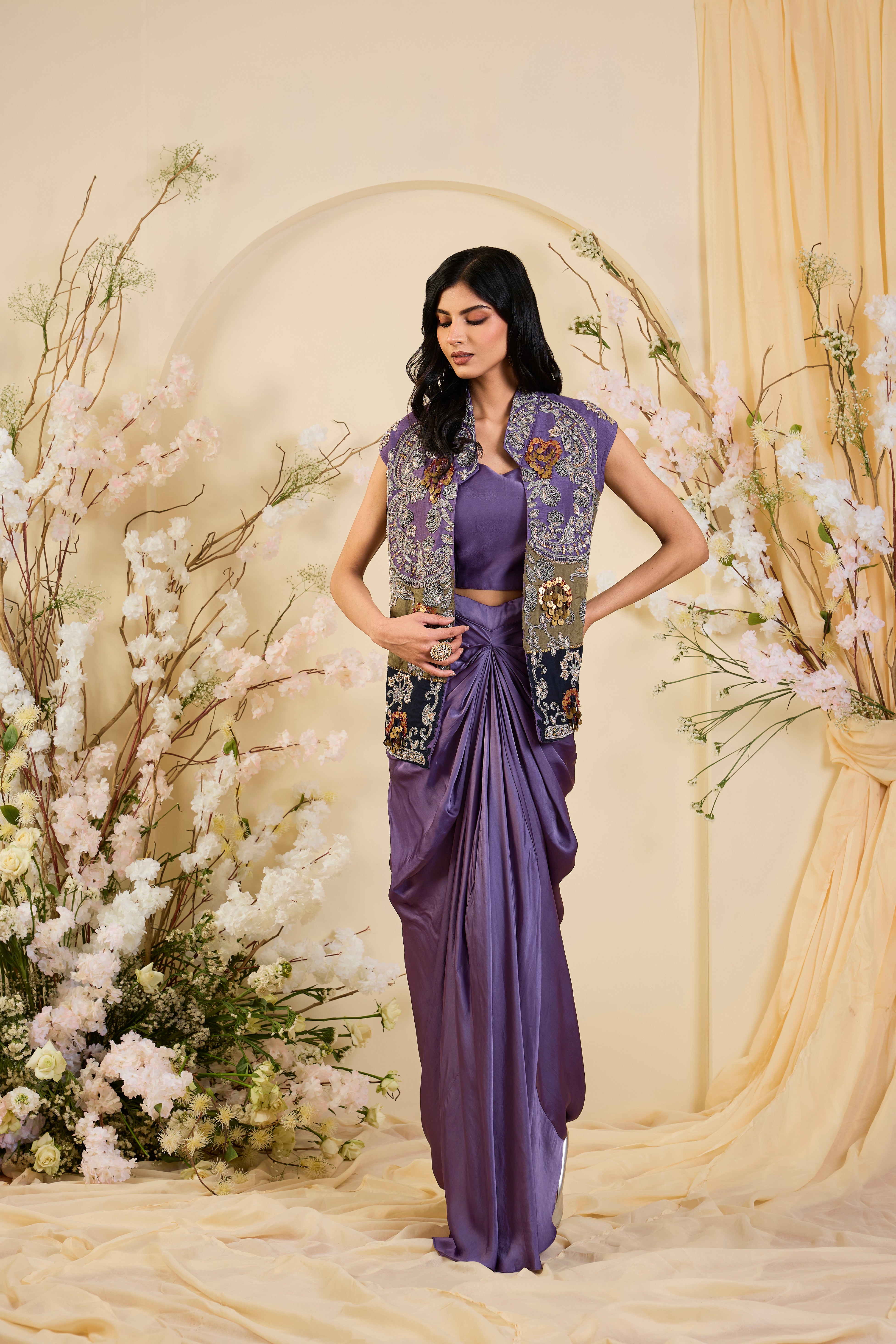 Amethyst Opulence: The Draped Vest Ensemble
