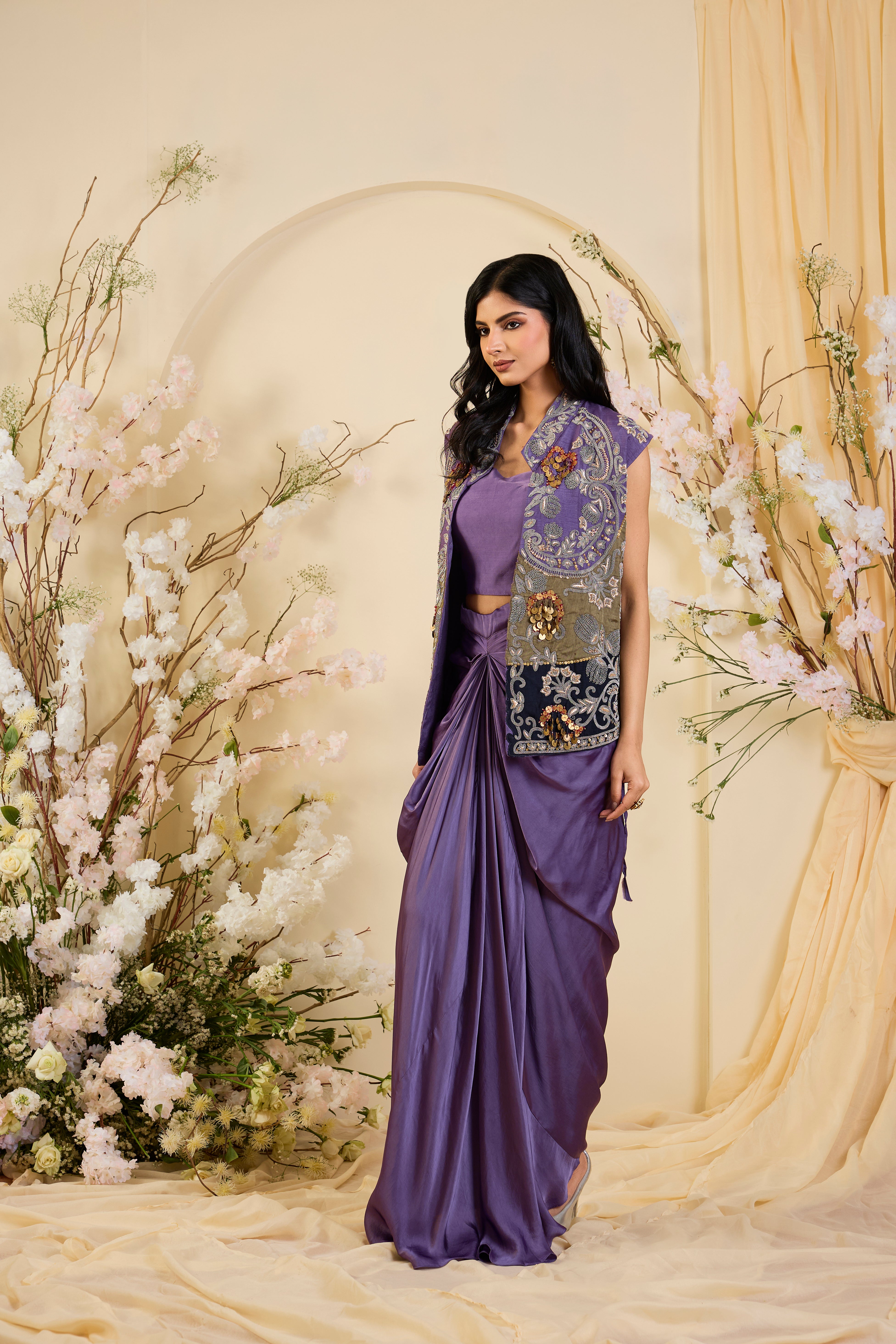 Amethyst Opulence: The Draped Vest Ensemble